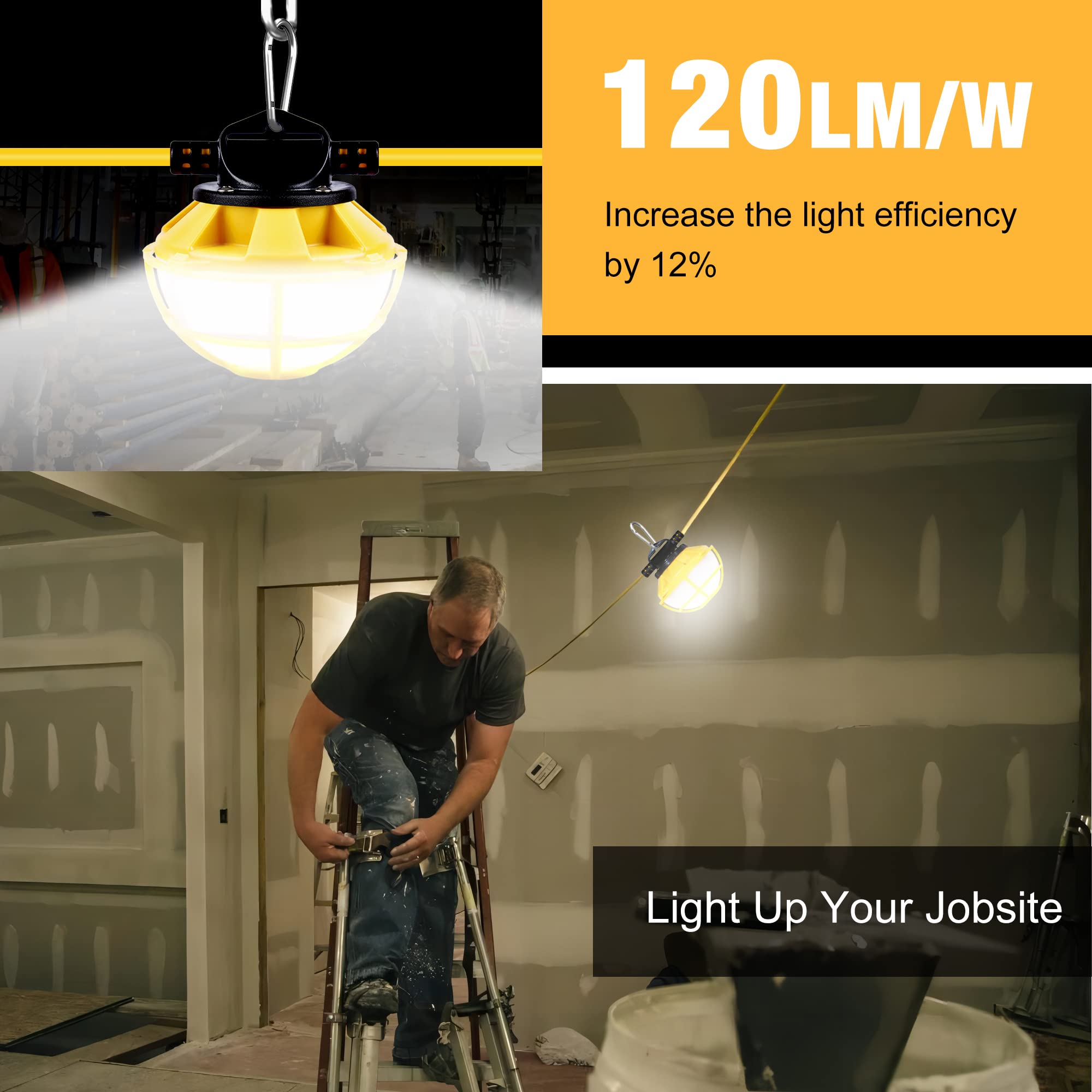 100Ft Construction String Lights With Protective Cage, Ip65 Waterproof Led String Work Lights, 5000K Daylight 18Awg Wire Linkable Temporary Construction Lights For Jobsite With 10 Bulbs & Hooks