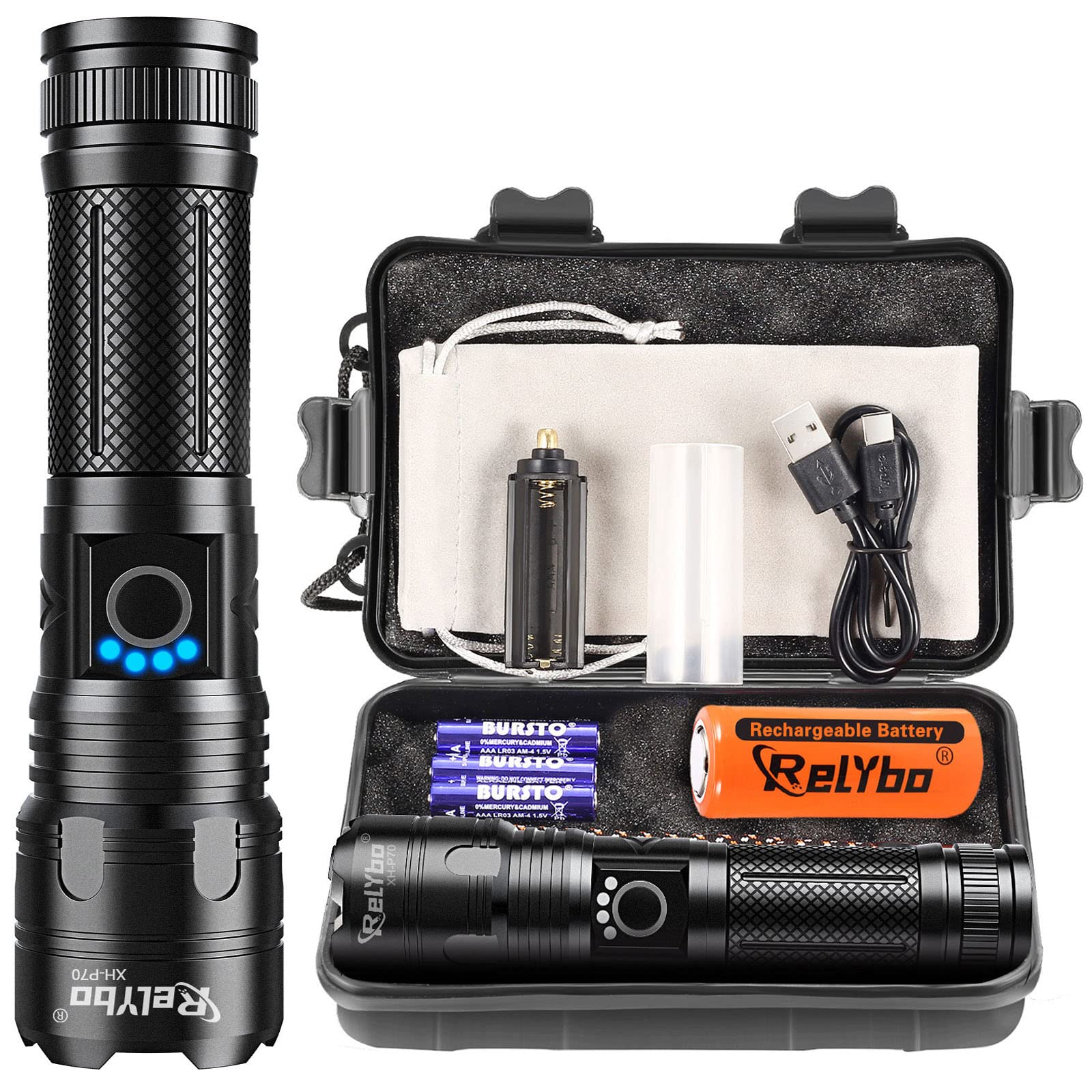 Relybo High Power Tactical Flashlight, 20000 Lumens LED, Rechargeable, Handheld, Black, Model Relybo-P70, Perfect for Camping & Hiking