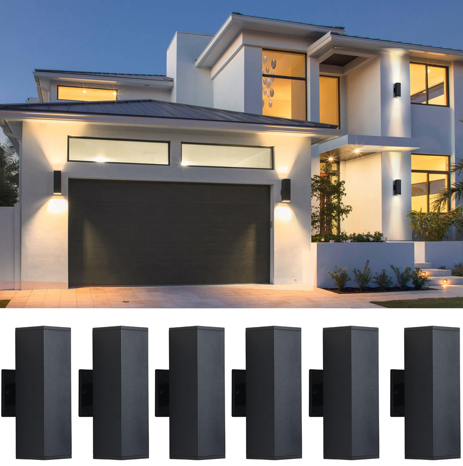 Tewei Led Outdoor Wall Sconce Lights Modern Exterior Lighting Fixtures With 7W Led Bulbs  Matte Black Square Up And Down Outdoor Lights For House Front Porch Garage  Warm White 3000K  6 Pack
