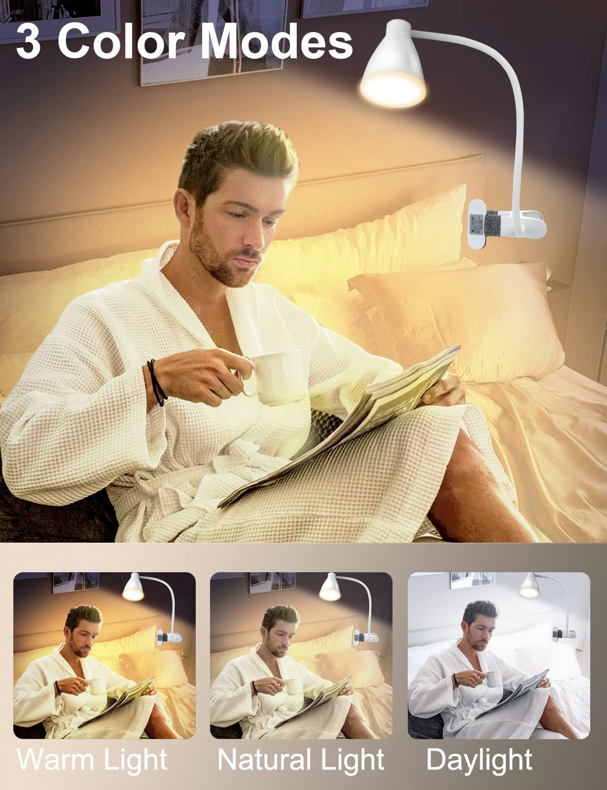 BOHON Clamp Lamp Reading Light, 10W, 38 LED, 3 Color Modes, 10 Brightness Levels, Flexible Gooseneck, White, Model WDL10W