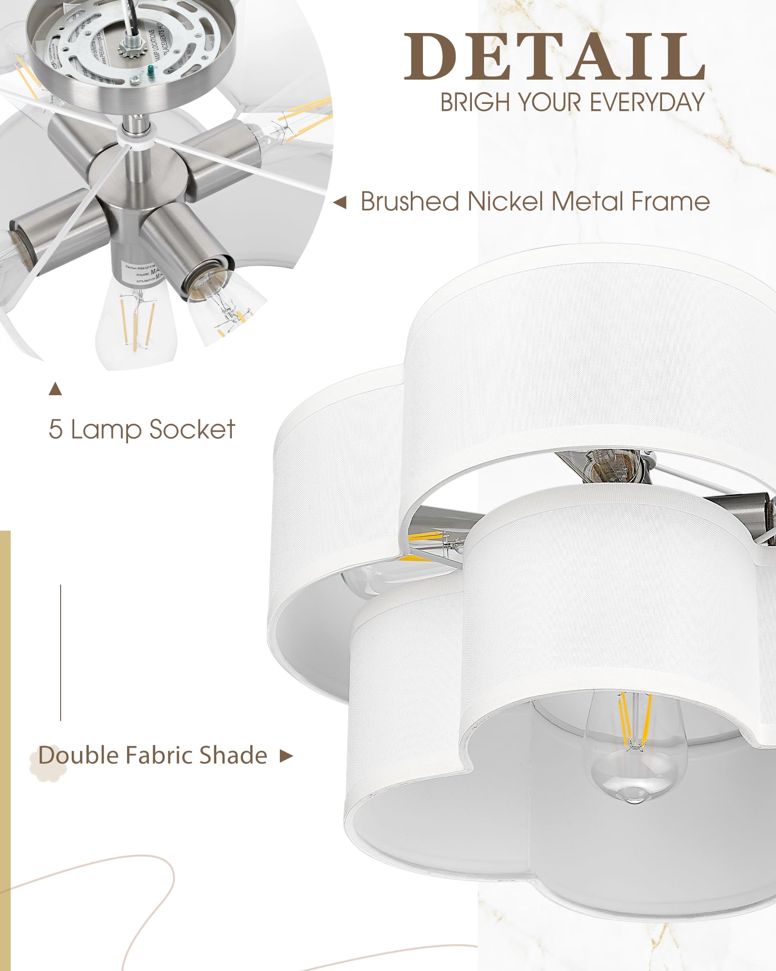 Audickic Semi Flush Mount Ceiling Lights, 5-Light 18'' Ceiling Light Fixtures With Double Fabric Drum Shade In Quatrefoil Shape,