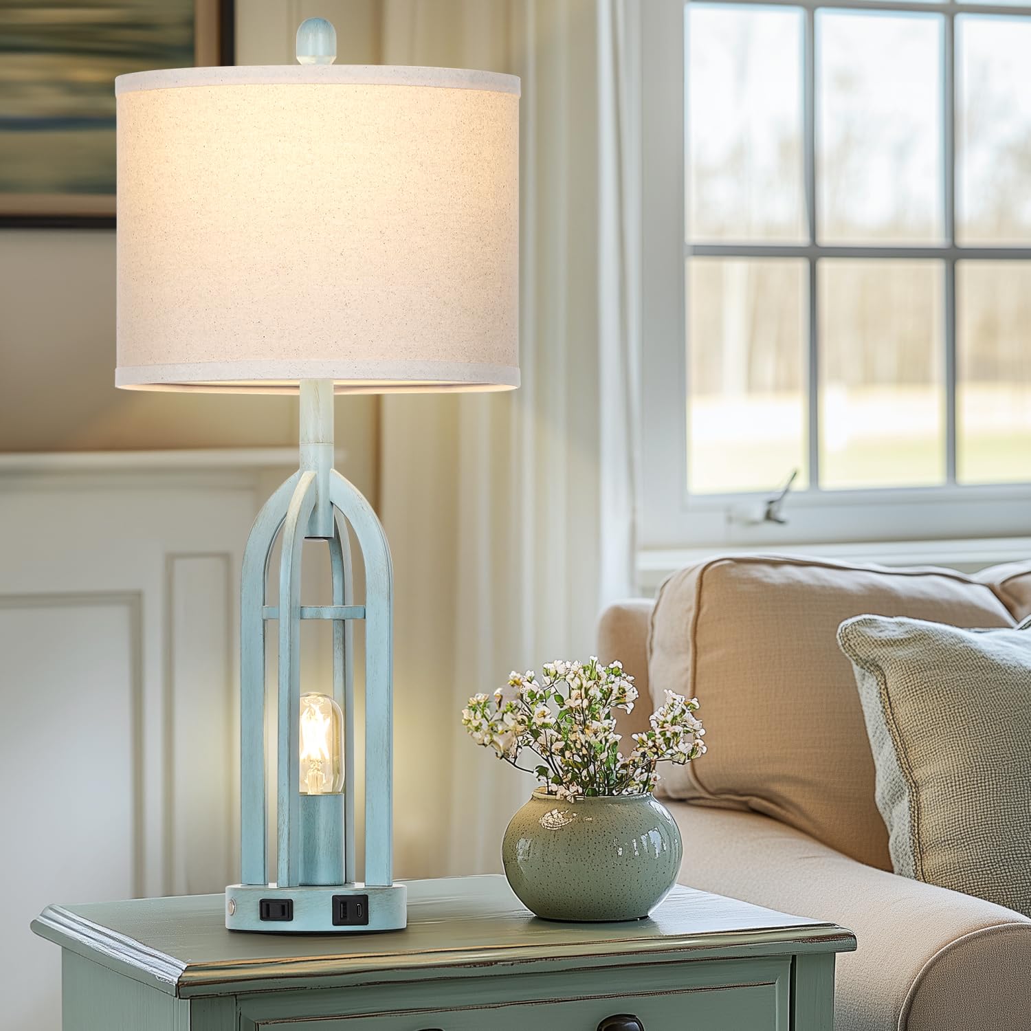 Cinyirong 27" Blue Farmhouse Table Lamps Set of 2 with USB & AC Outlet, Retro Fabric Shade, Model TD-CY-462