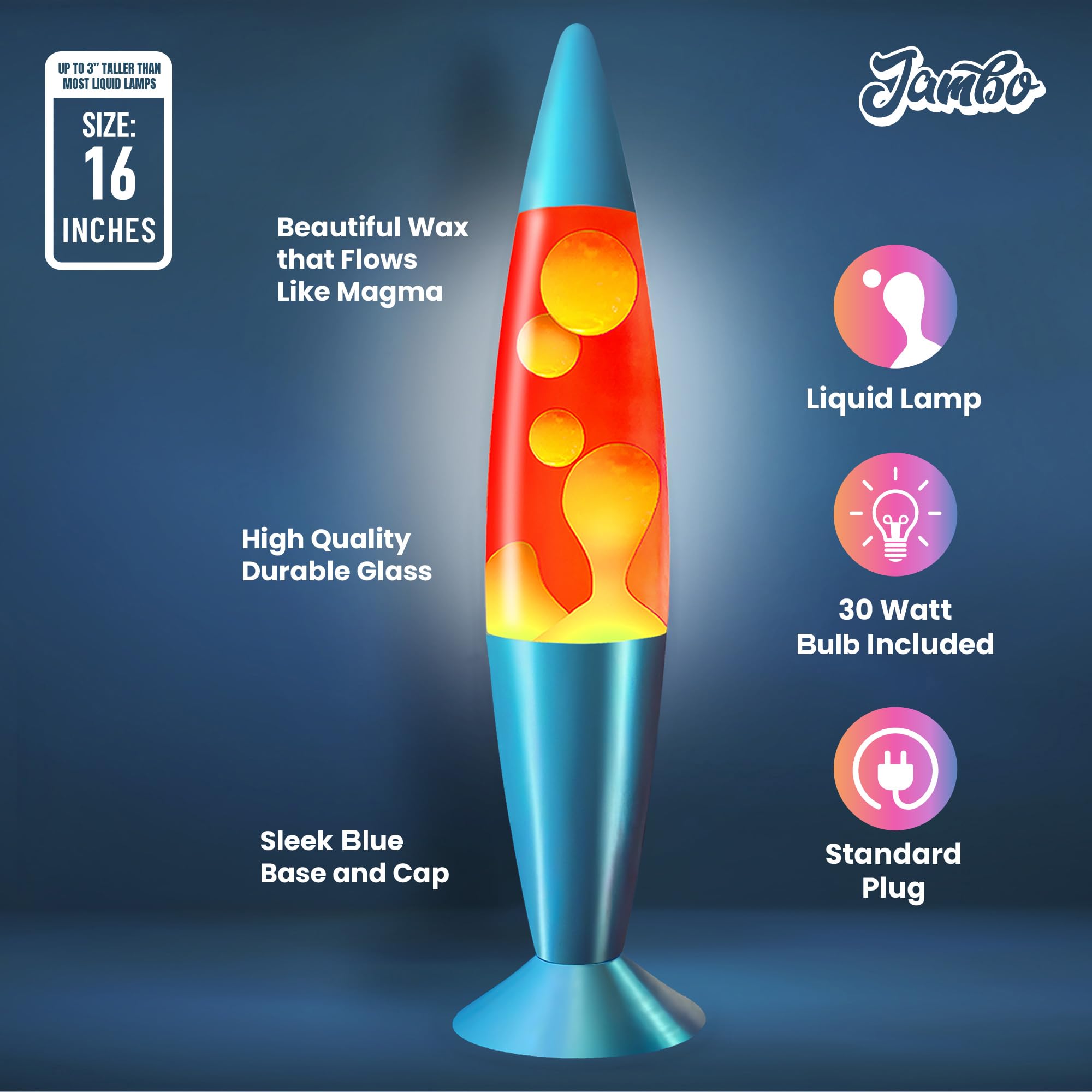 JAMBO 16in Liquid Light Lamp - Red with Orange Wax, Night Light for Home Decor, Living Room, Office, Bedroom, Kids, Teens