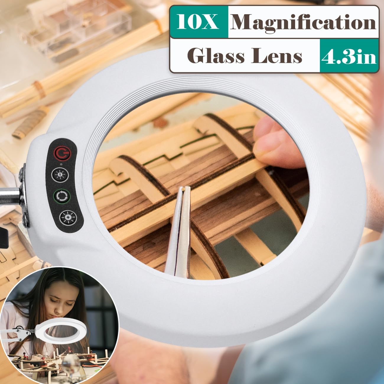 10X Magnifying Glass with Light and Stand, 5 Color Modes Stepless Dimmable 2-in-1 Desk Lamp with Clamp, Hands Free LED Lighted M