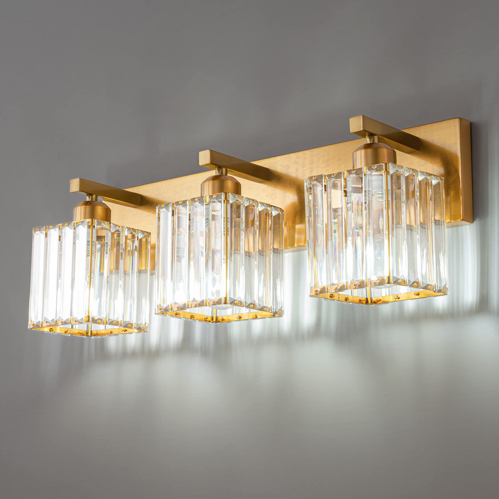 Fdpby Modern 3-Light Gold Brushed Brass Finish Crystal Wall Light For Bathroom Vanity