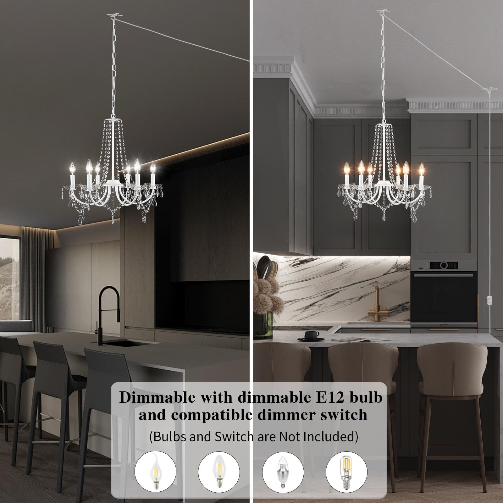 Meijia Plug In Crystal Chandeliers Lighting Fixture 6 Light Modern Crystal Chandelier With 15.75Feets Plug In Cord White Mini Pl