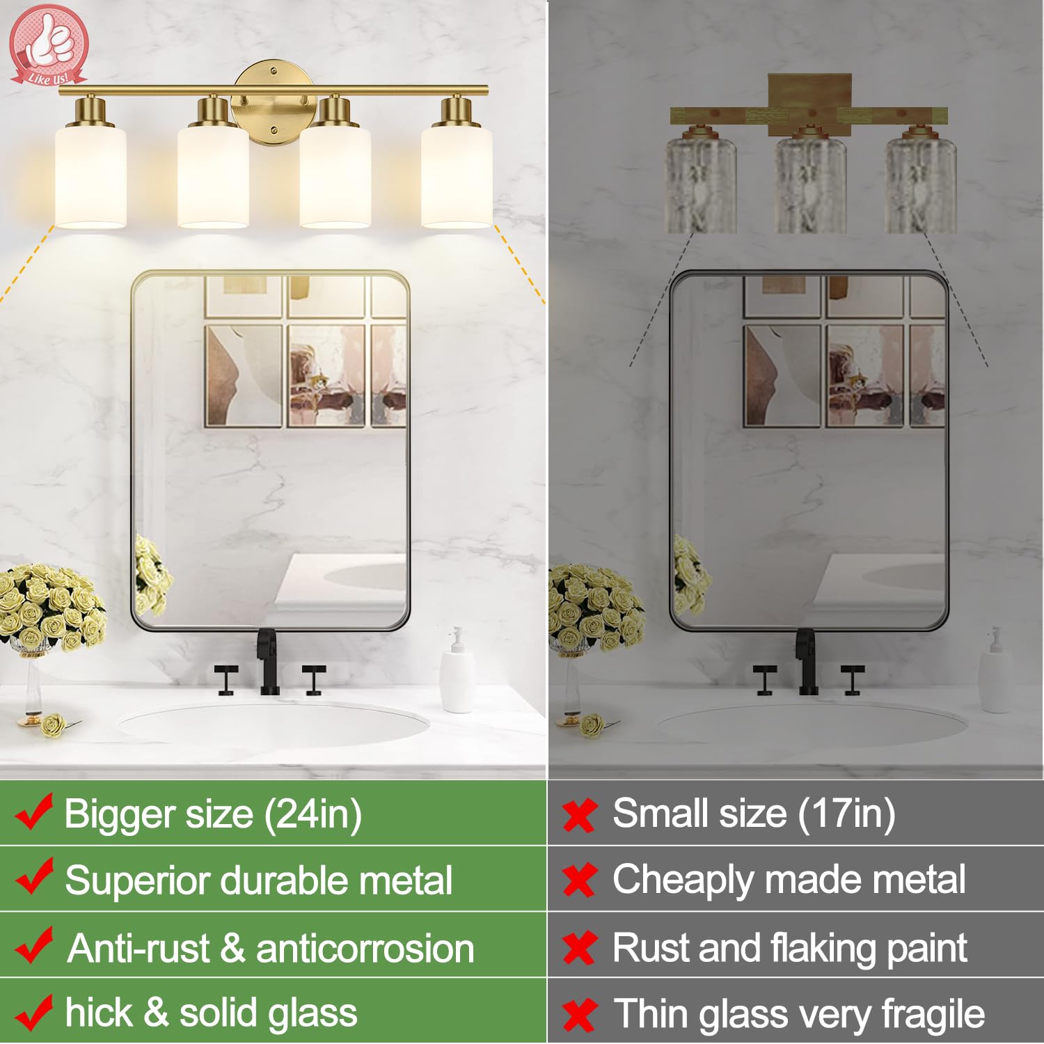 Zarbitta 4-Light Bathroom Light Fixture, Brushed Gold & Milky White Glass, Model OMTYX-016