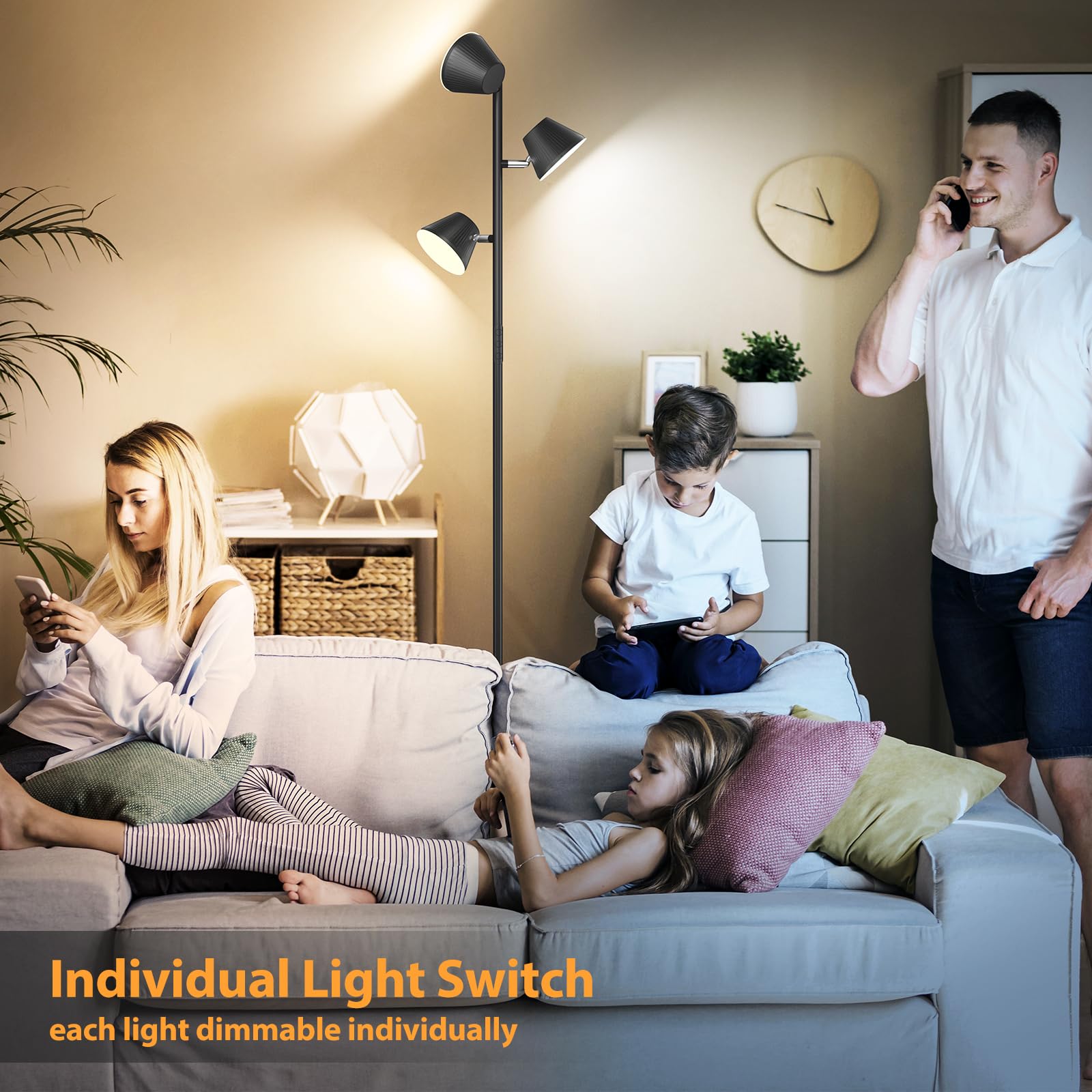 Mixinlei LED Tree Floor Lamp, 42W 4200 Lumens, Remote & Touch Control, 3 Lights, 4 Color Temps, Black, MXL-Three Light