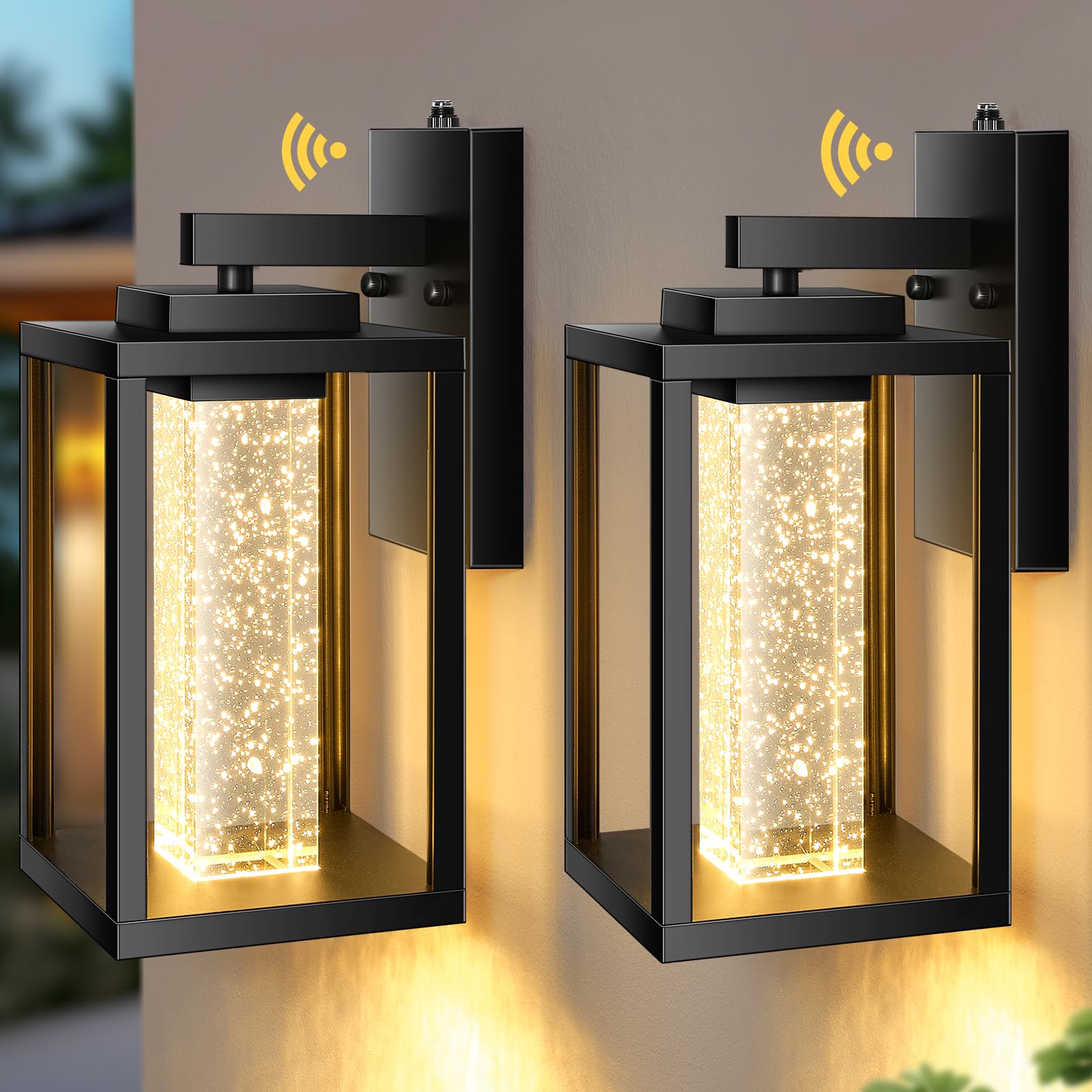 VIANIS Black Exterior Lighting Fixtures Wall Mount for House, 2 Pack Dusk to Dawn Outdoor Wall Sconce Lantern with 10W LED Cryst