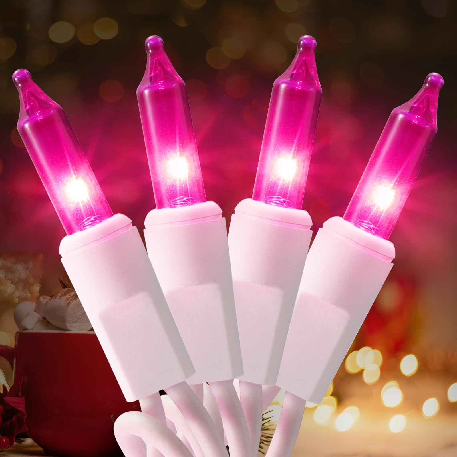 Brillarlights 100 Count Mini Pink String Lights, 21ft Copper Christmas Lights, Valentine's Day Outdoor Decor