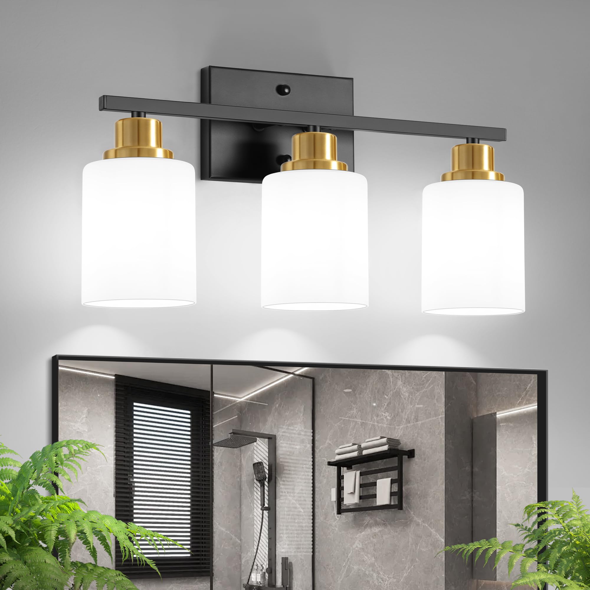 Ascher Bathroom Light Fixtures  3-Light Vanity Light Over Mirror  Black and Gold Wall Sconces with Milky White Frosted Glass Shades  Wall Lamp for Living Room Bedroom  E26 Base(Bulbs Not Included)