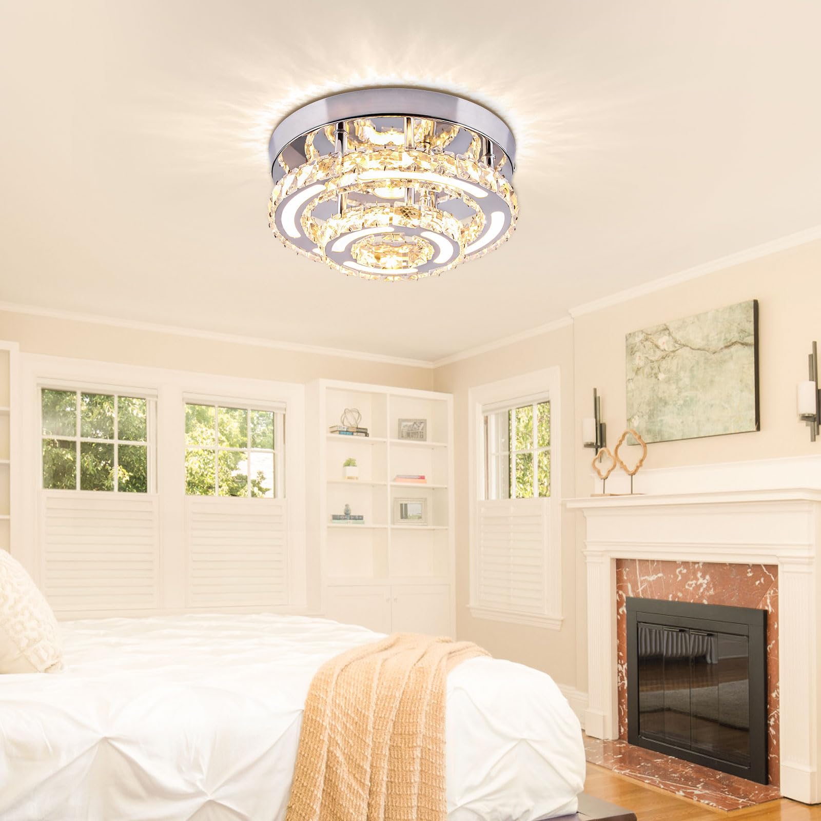 CXGLEAMING 11.4in Dimmable Crystal Chandelier LED Flush Mount Ceiling Light Fixture for Bedroom, Dining Room, Kitchen - Model CX-MC006-KB