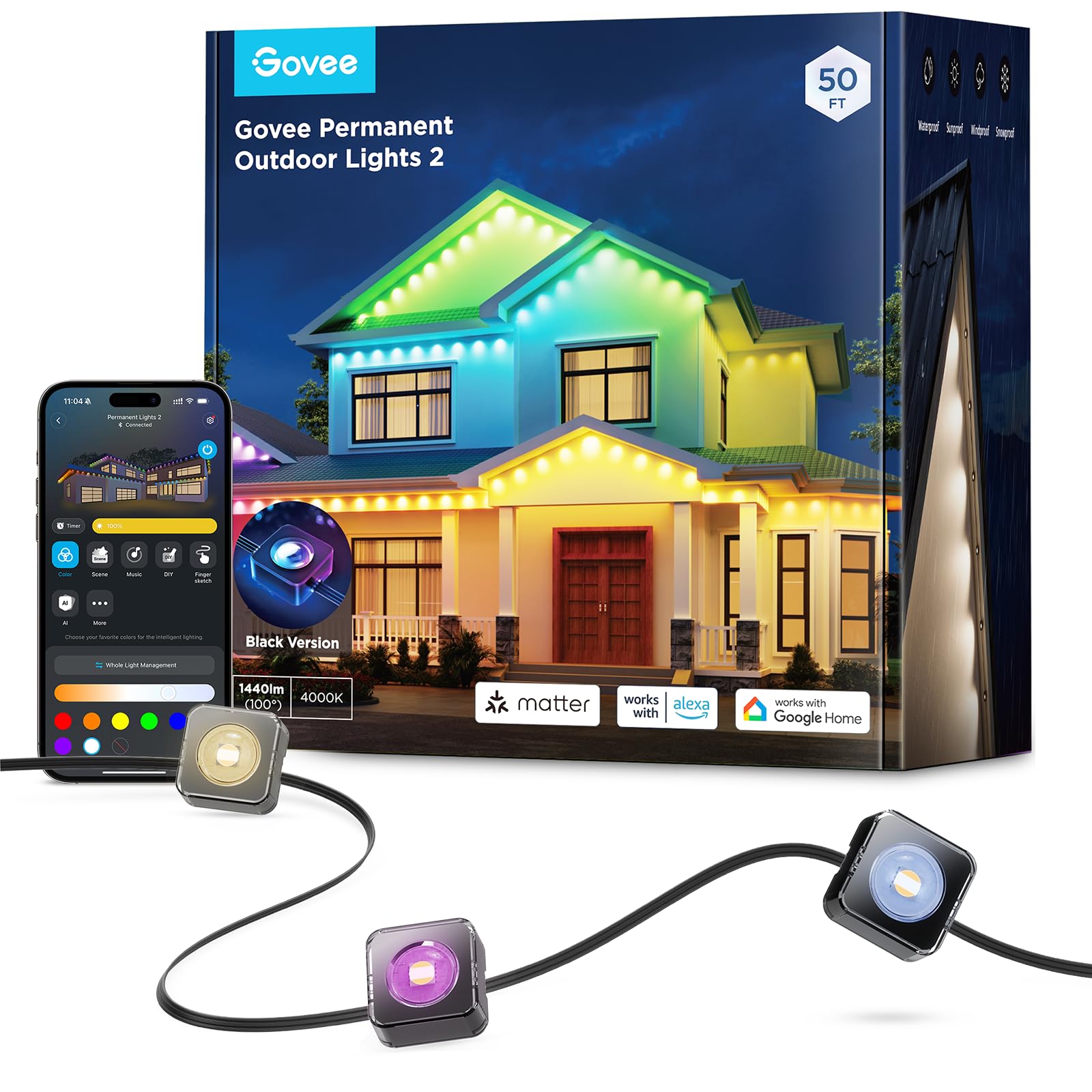 Govee Permanent Outdoor Lights 2, 50Ft Rgbic Outdoor Lights With 36 Led Lights, Ip67 Waterproof, 100 Scene Modes With 40Lm White