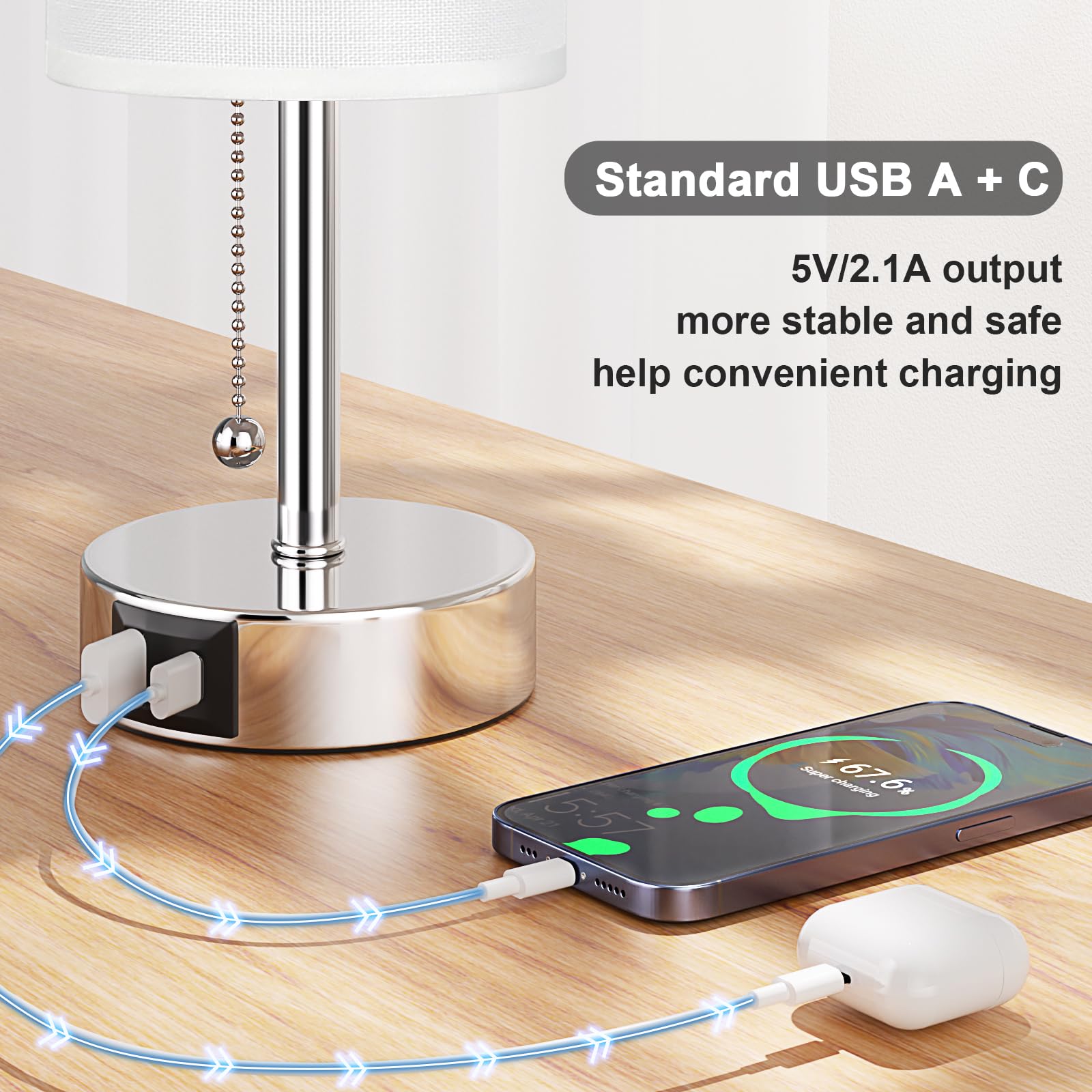 White Table Lamp For Bedroom Nightstand - Small Lamp With Usb A + C Charging Port, 3 Color Temperatures Pull Chain Night Stand L