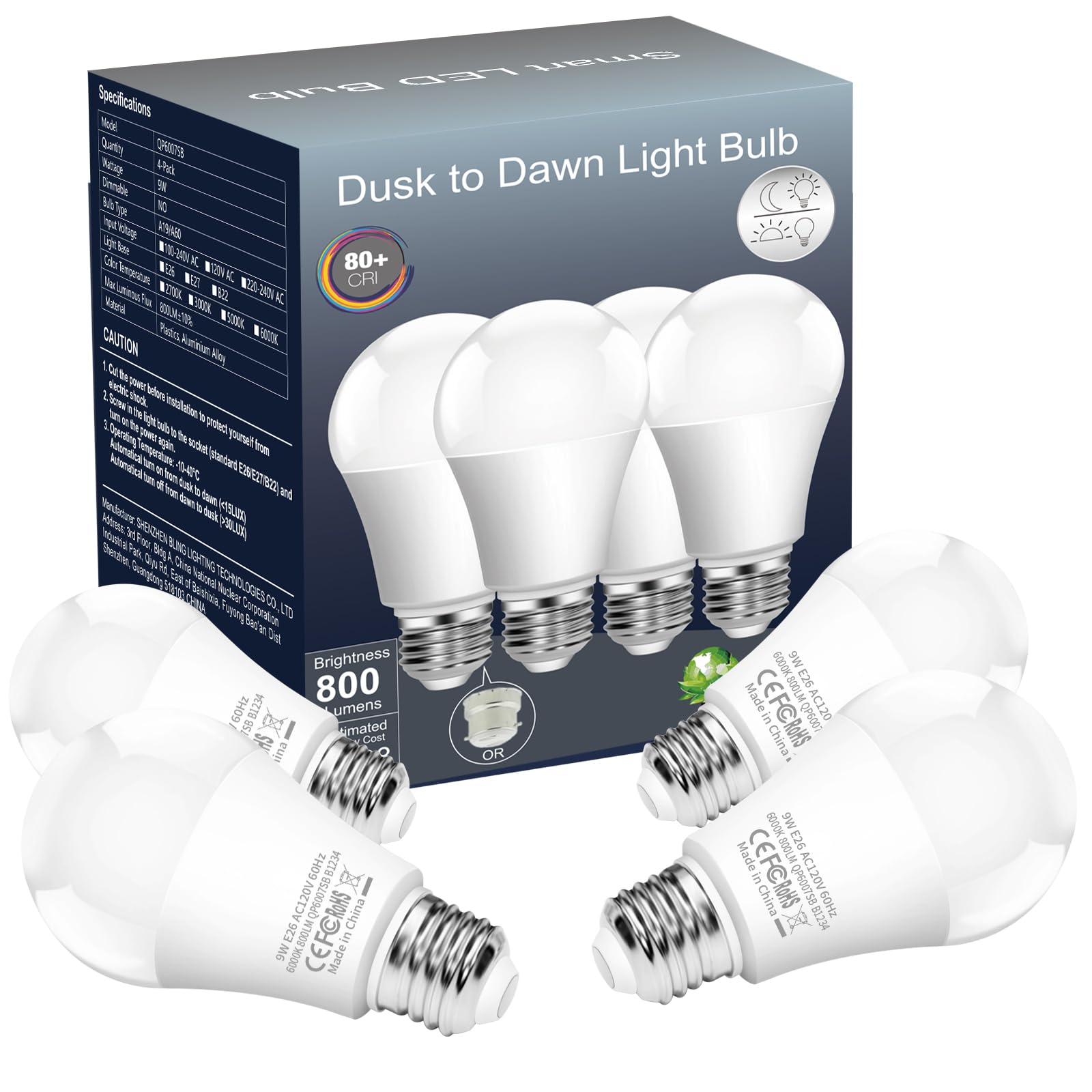 Boxlood Outdoor Dusk To Dawn Led Light Bulb (No Timer Required), Automatic On/Off Light Sensor Bulb, Built-In Photocell Detector