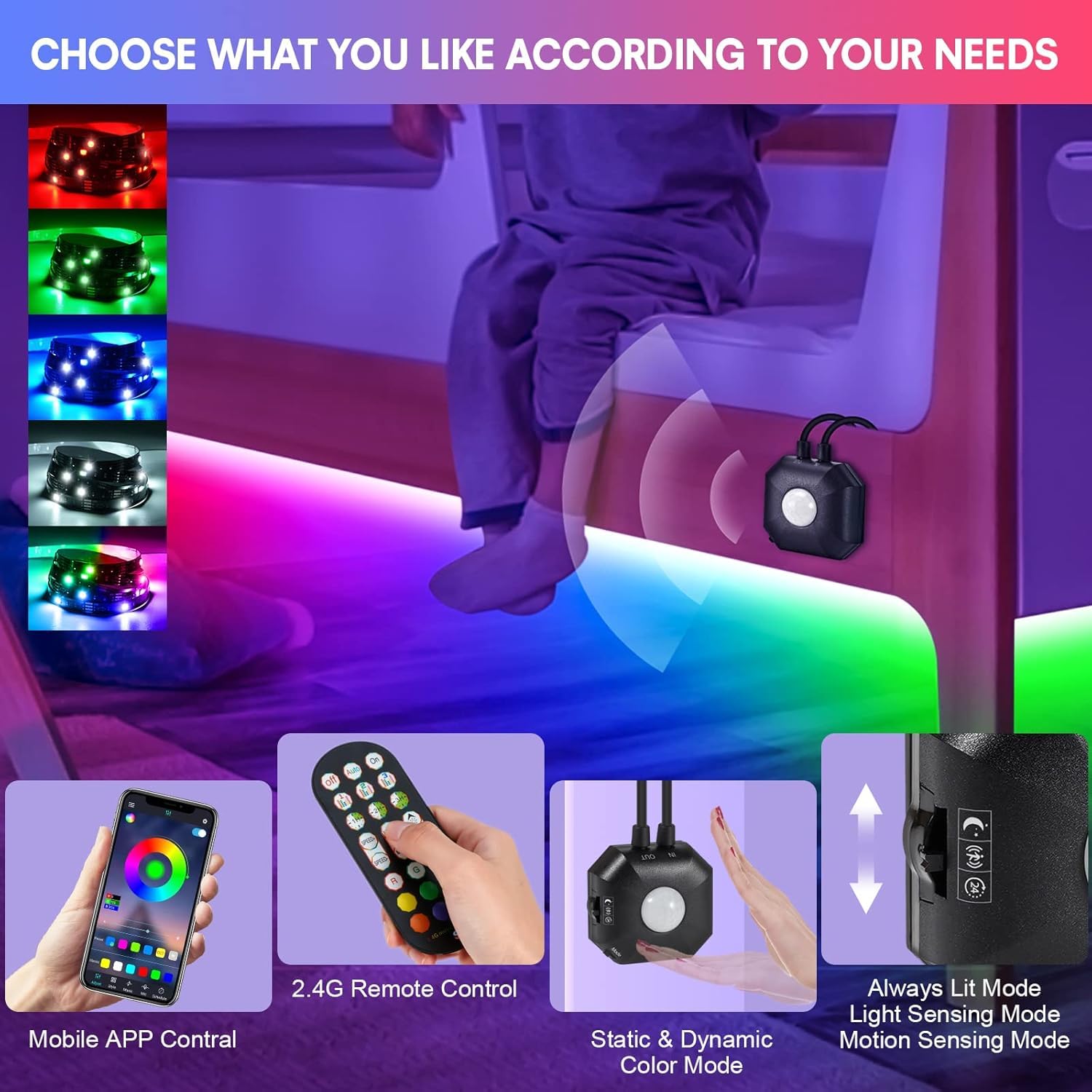 HUEMIHUI Motion Sensor LED Strip Lights, RGB Color, 2 Kits, 13.12Ft Each, Polyvinyl Chloride, App & RF Remote Control