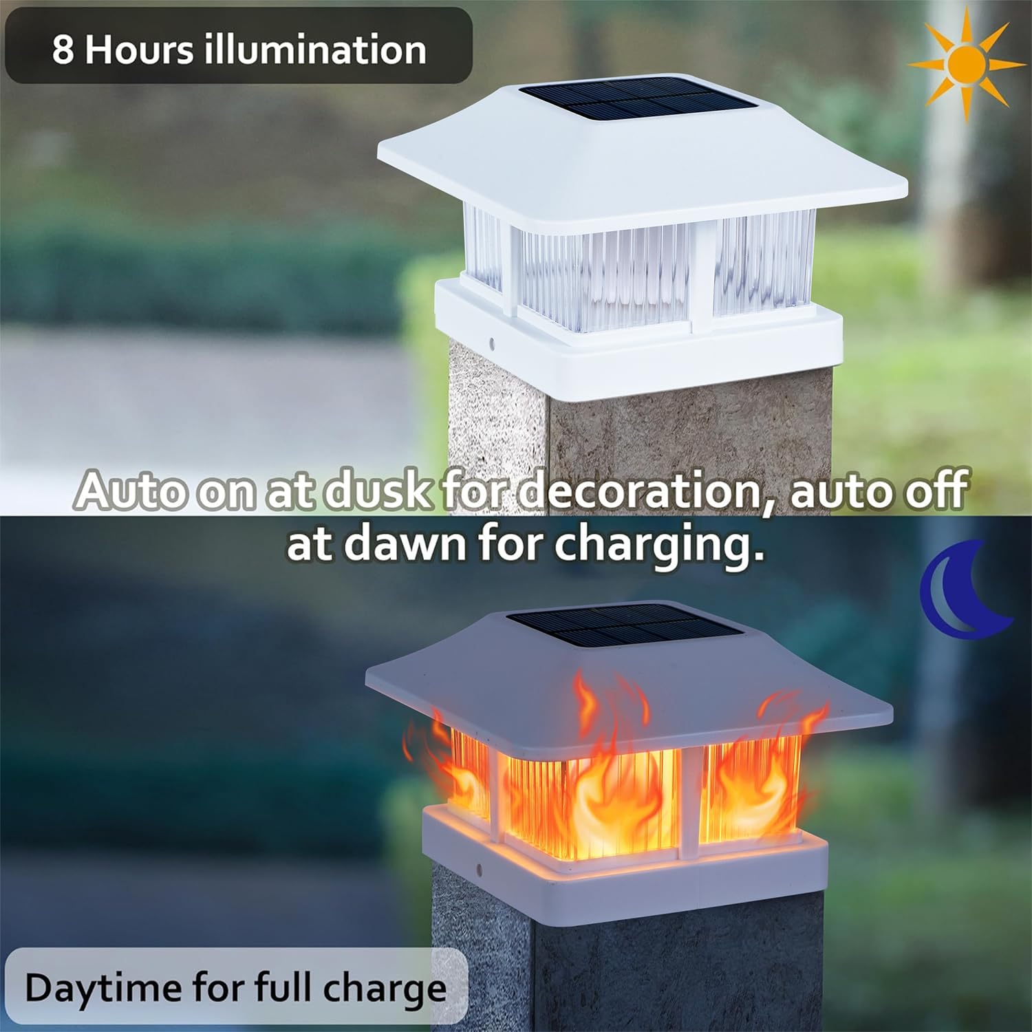 Dynaming Solar Flame Post Cap Lights Outdoor, Solar Powered White Shell Fence Post Light, Flickering Flame Led Lamps Waterproof
