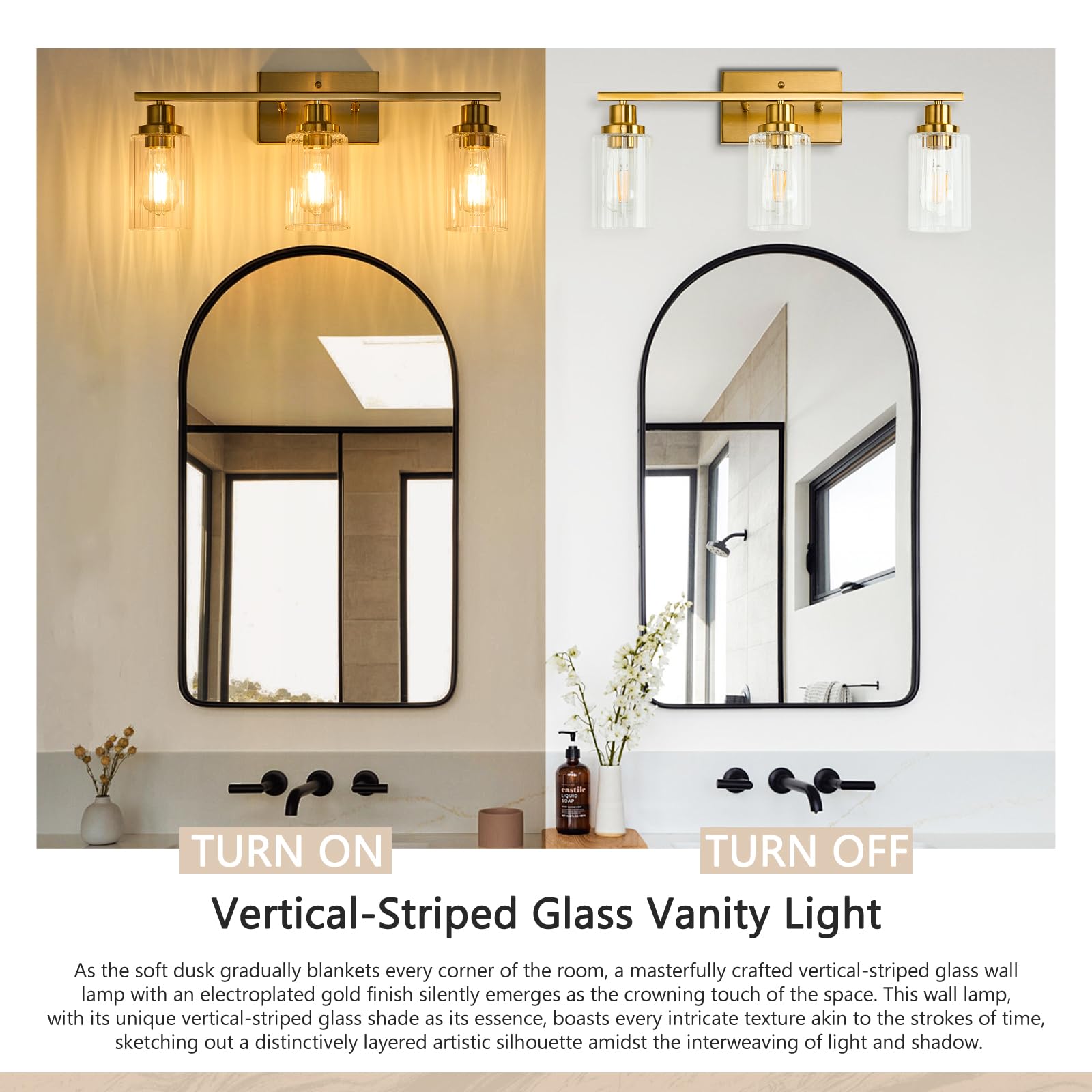 Jonsi 3-Light Gold Bathroom Vanity Light Fixtures, Brushed Gold with Fluted Glass Shade, Model X003W-3AGB, 23.5 Inch