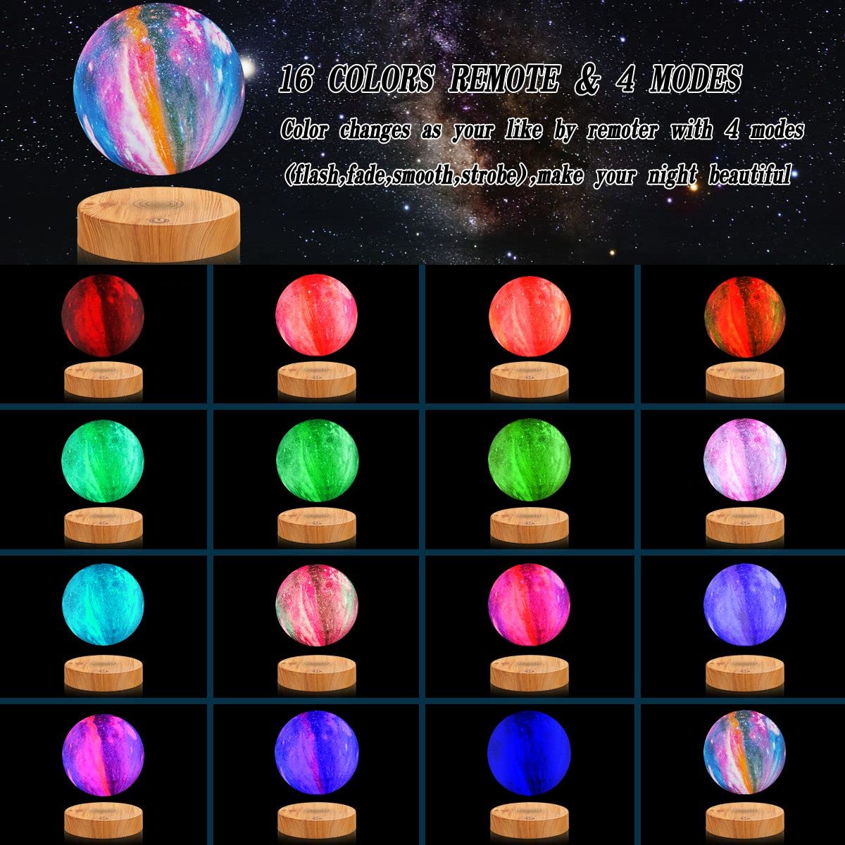 Vgazer Levitating Moon Lamp,Floating And Spinning In Air Freely With 3D Printing Led Moon Light Has 16 Colors 20 Modes For Uniqu