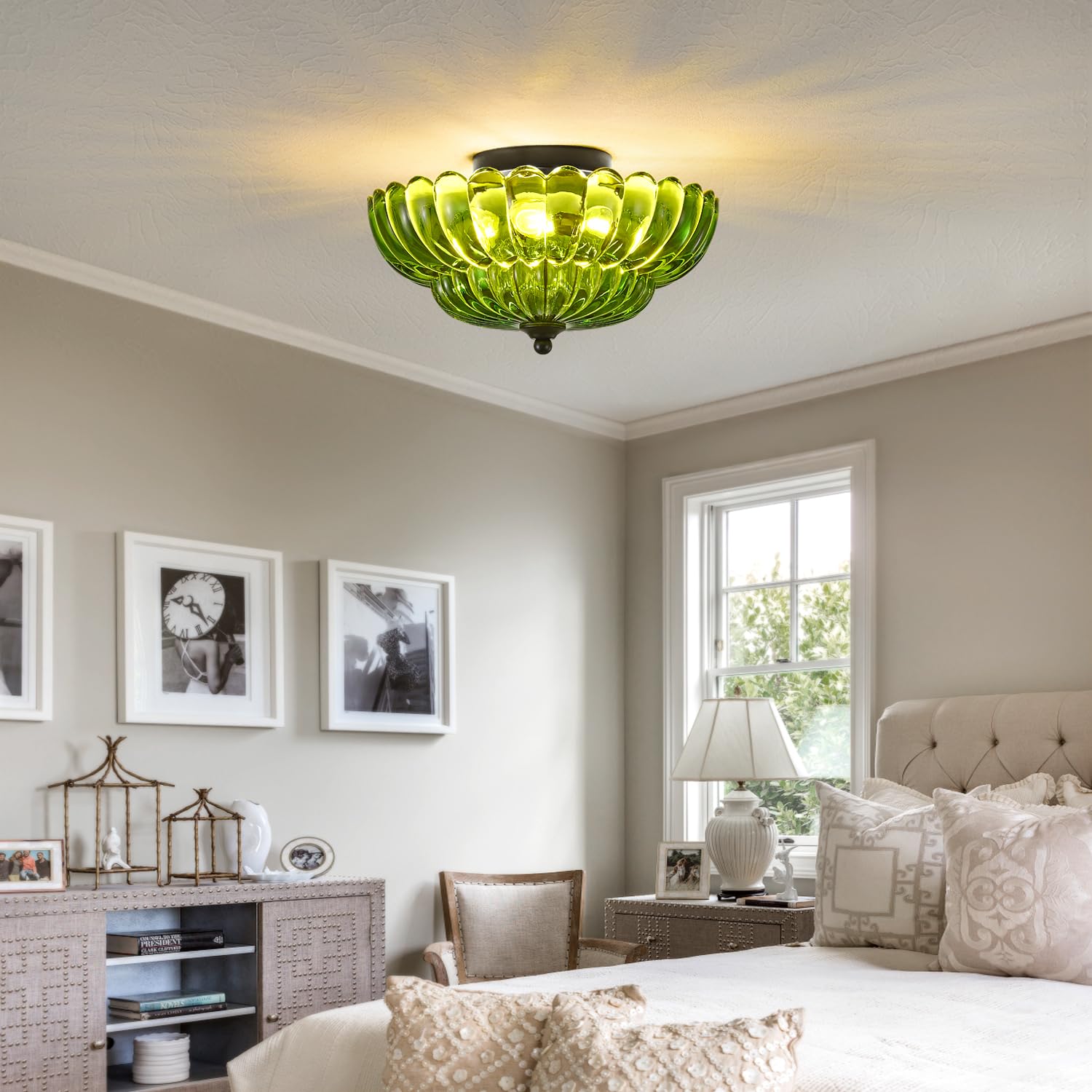 Modern Black Ceiling Light Fixture, 12'' Green Glass Flush Mount Chandeliers, Semi Flush Mount Ceiling Light Fixture Suitable Fo