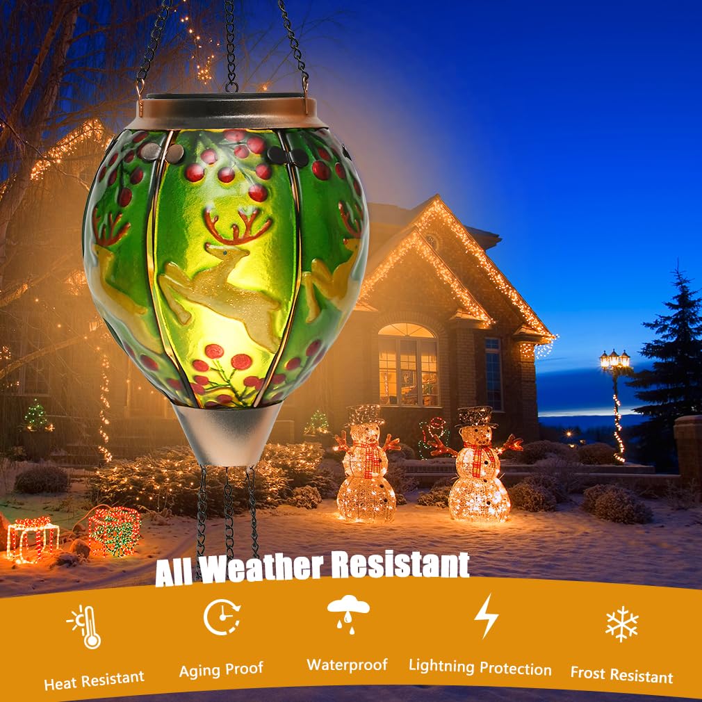 Solar Powered Hot Air Balloon Lantern - Christmas Reindeer Glass Lantern  Simulated Flickering & Dancing Flame  Outdoor Hanging Yard Light Waterproof Ip65 For Patio Lawn Porch Xmas Decor Gift