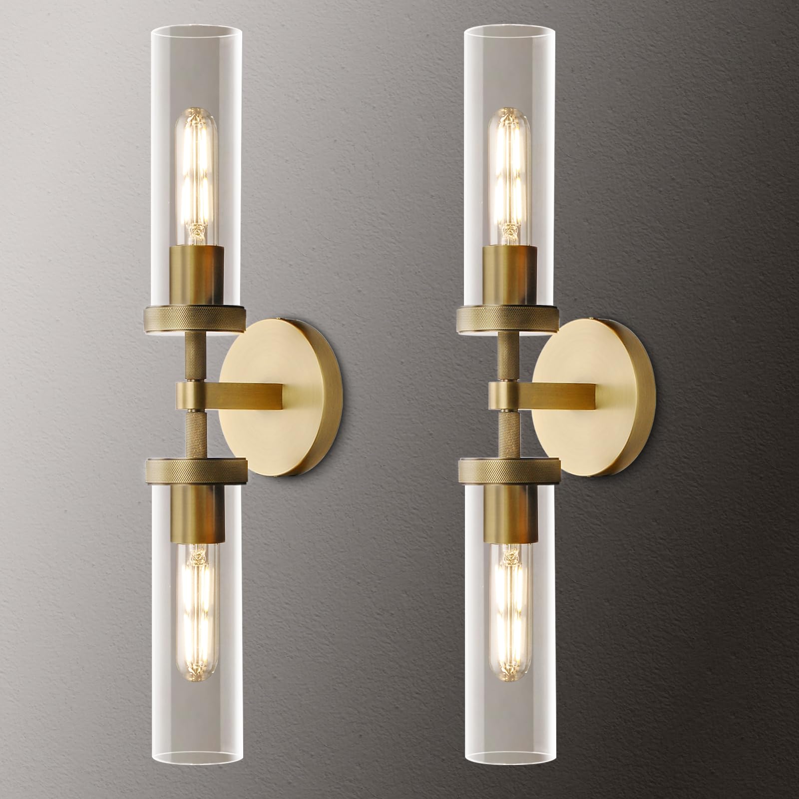 Zhtiechui Knurled Brass Wall Sconces Set Of Two,21'' Sconces Wall Lighting 2-Light, Gold Bathroom Wall Sconces, Glass Vanity Lig