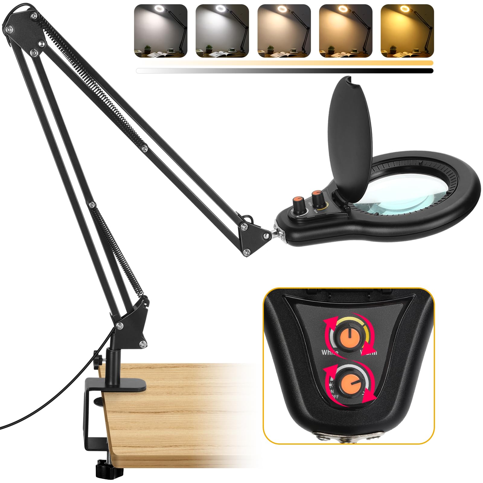 10X Large Magnifying Glass with Light and Stand, 2200 Lumens Stepless Dimmable Lighted Magnifier, Real Glass Lens Desk Lamp with