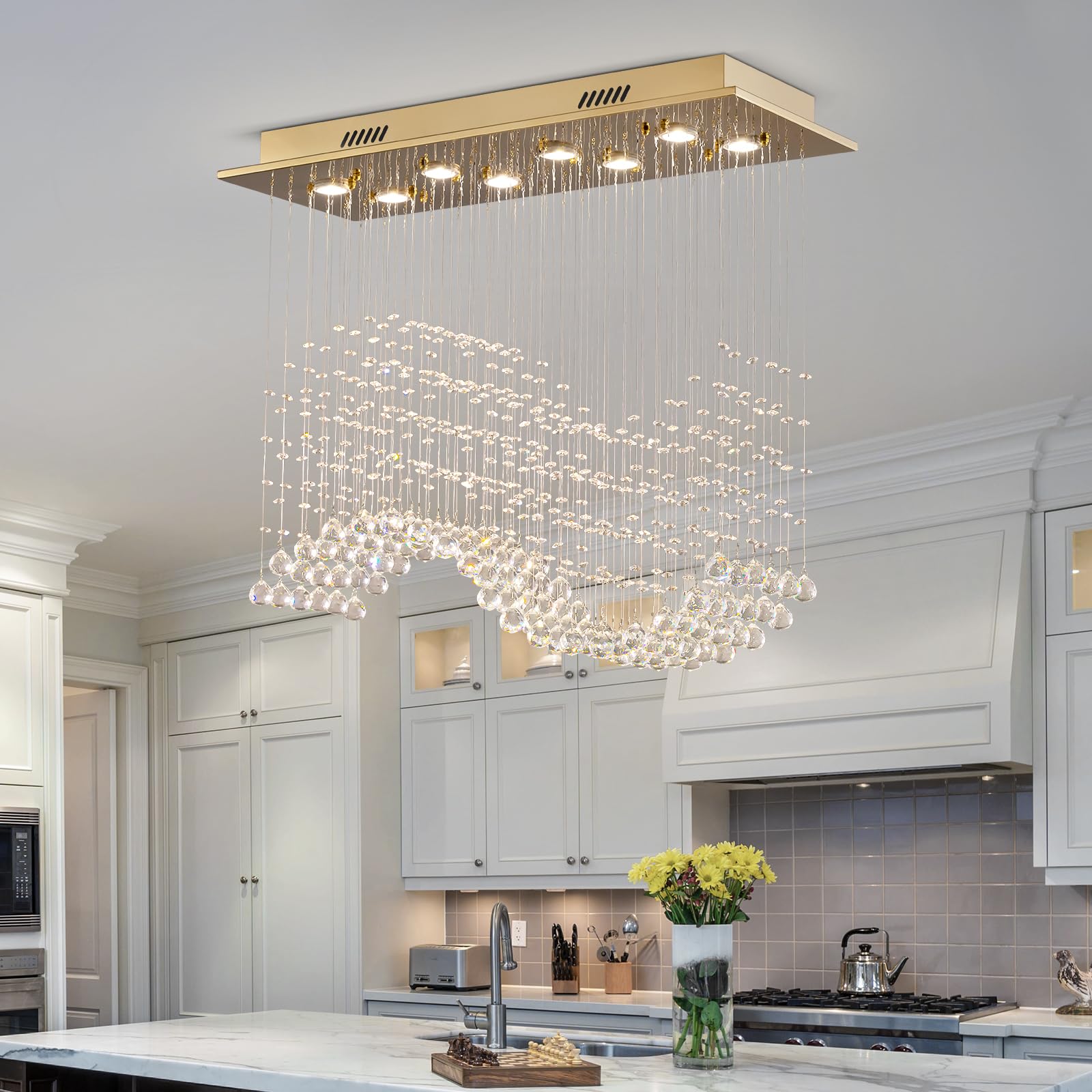 Siljoy 8-Light Modern Wave Crystal Chandelier, Gold Flush Mount, L31.5'' x W12'' x H28'', Model HLC04508G
