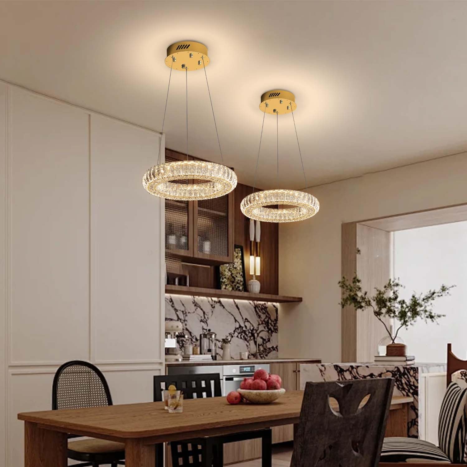 Idequy Modern Led Gold Ring Pendant Light 7.8'' Dimmable Crystal Chandelier Adjustable Round Crystal Chandelier Light Fixtures F