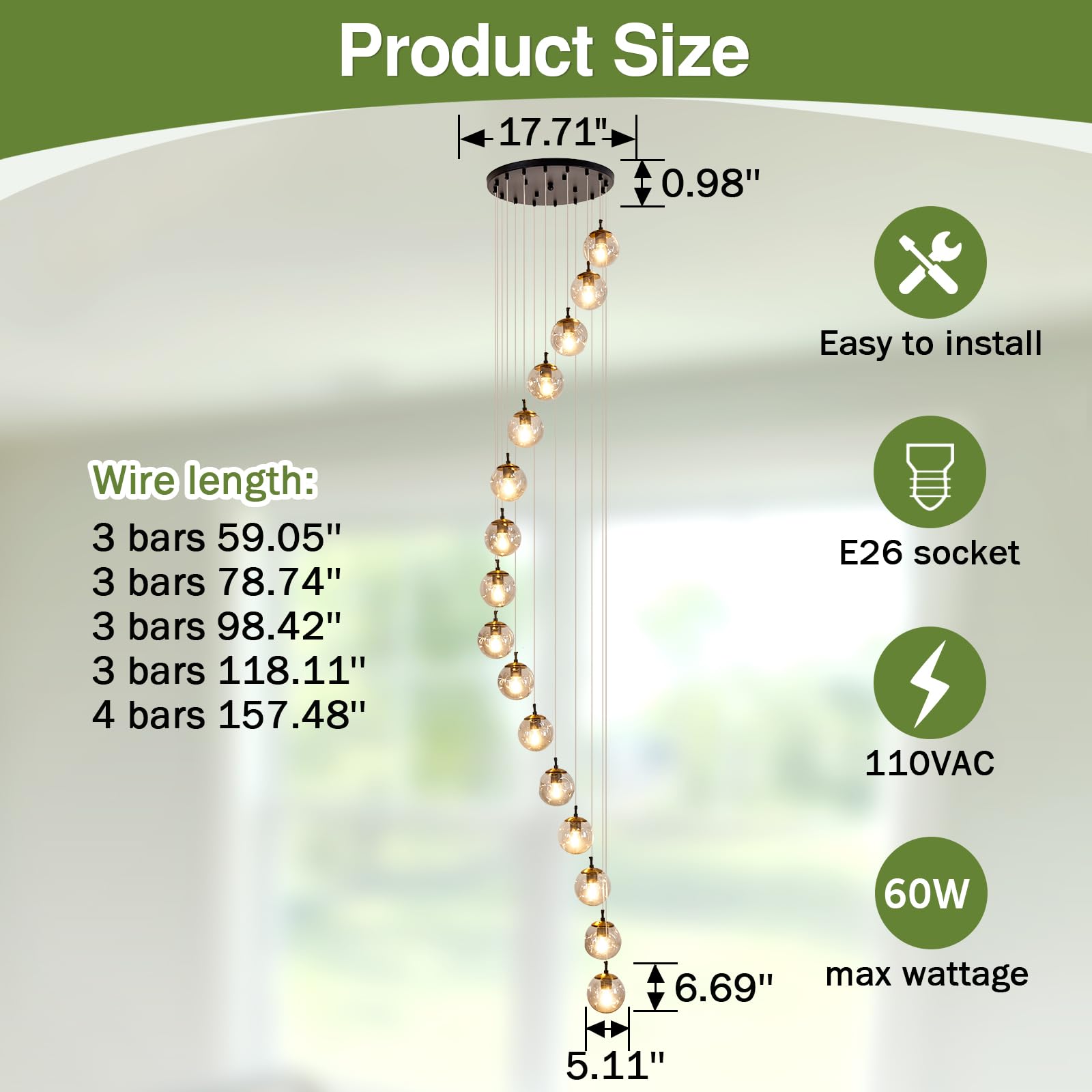 Szxykeji 16-Light Mid Century Glass Globe Chandelier For High Ceilings - Led Pendant Light Fixture