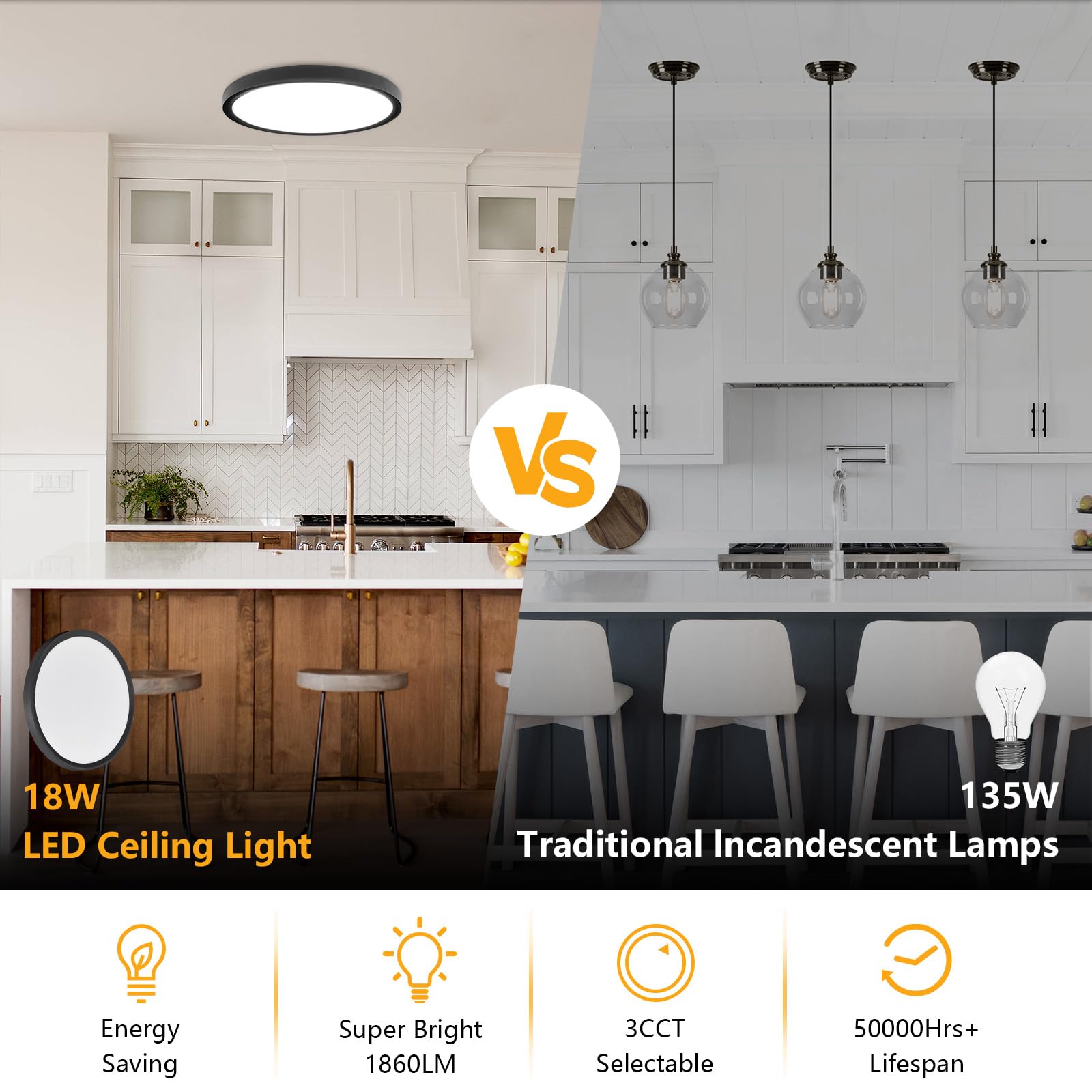 RLEDPZTX Led Flush Mount Ceiling Light, 9 Inch, 18W, 1860lm, 3CCT Selectable, Round, Black, 4 Pack