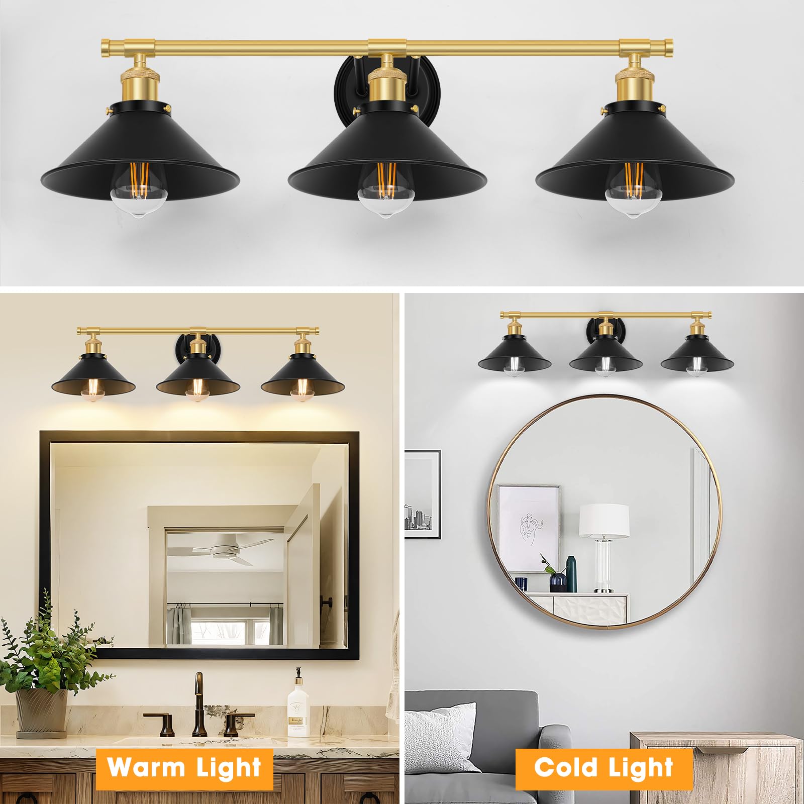 Licperron 3-Light Bathroom Lighting Fixtures, Metal Wall Lights, Black & Gold, Farmhouse Style, Indoor Use