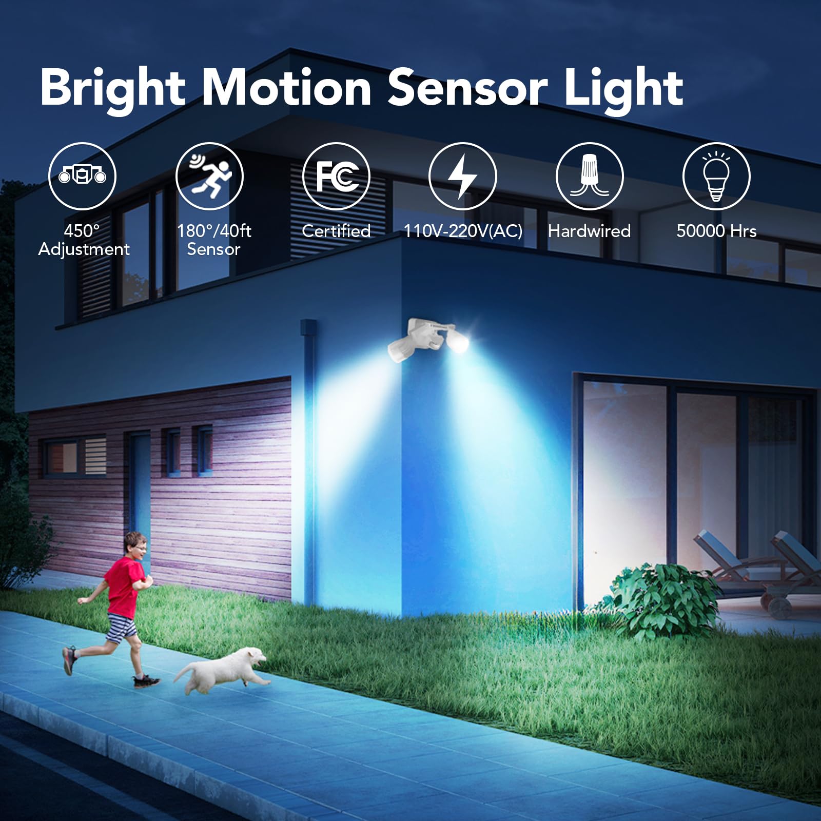 Orein Motion Sensor Outdoor Lights, 450° Dimmable Led Flood Lights, 5000K, Ip65, 2