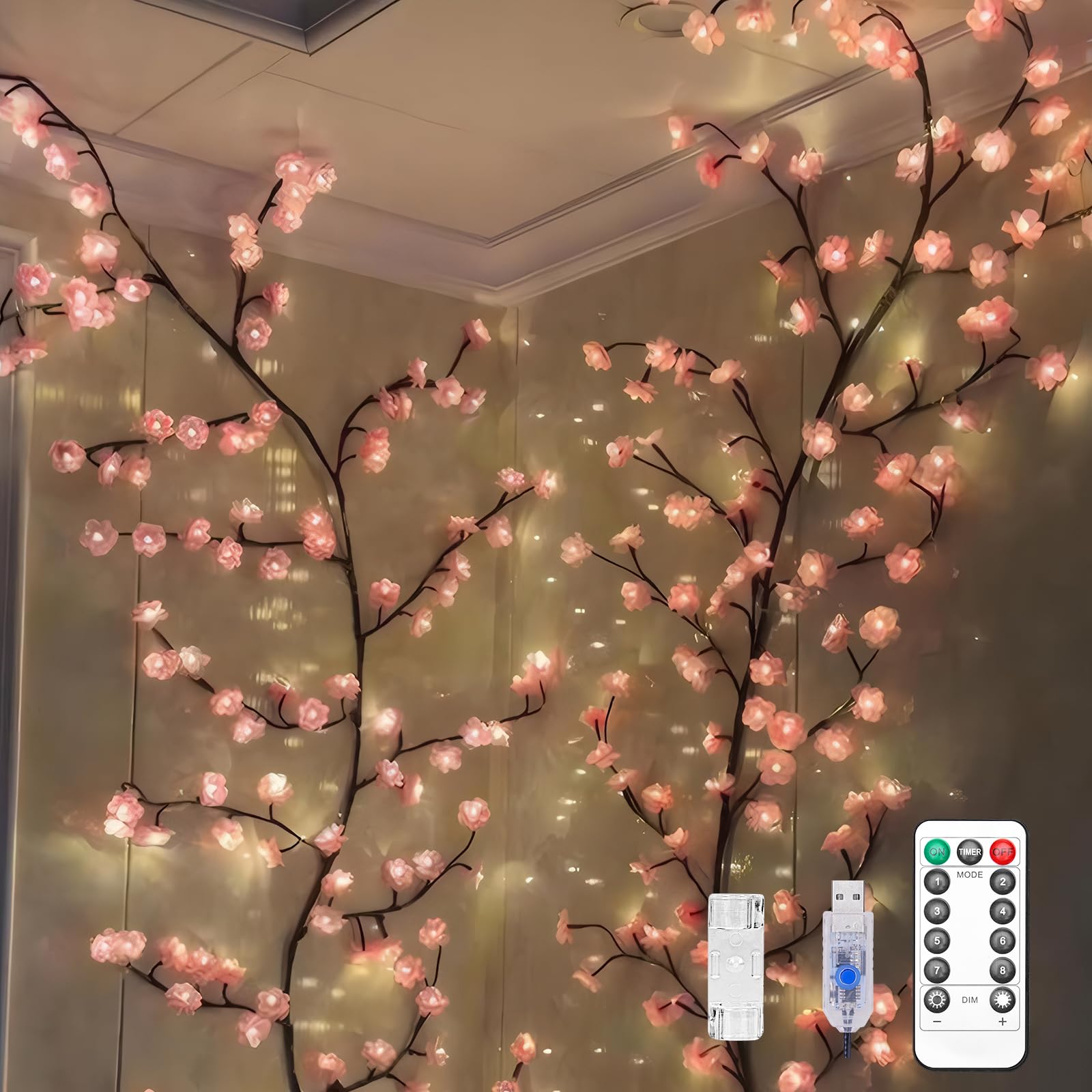 Cherry Blossom Tree Branch Lights for Wall Cherry Enchanted Willow Vine Lights with 48 LED and 8 Lighting Modes Remote Timer for Bedroom Wall Doors Windows Wedding Christmas Holiday (47inch)