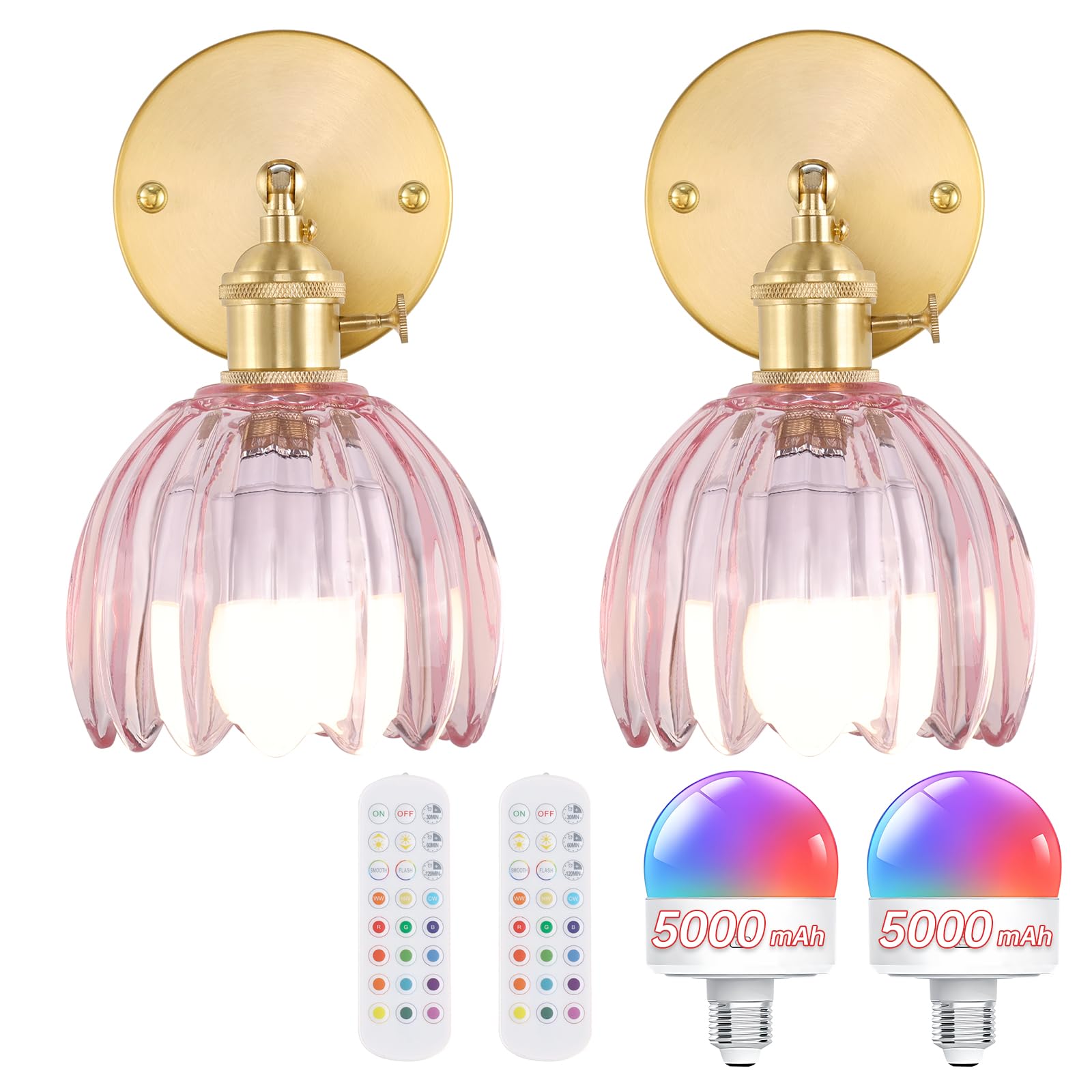 Shenmoyl Vintage Wall Sconce Set of 2, Battery Operated, Rechargeable, Pink Clear Glass Lampshade, Ideal for Bedroom and Doorway