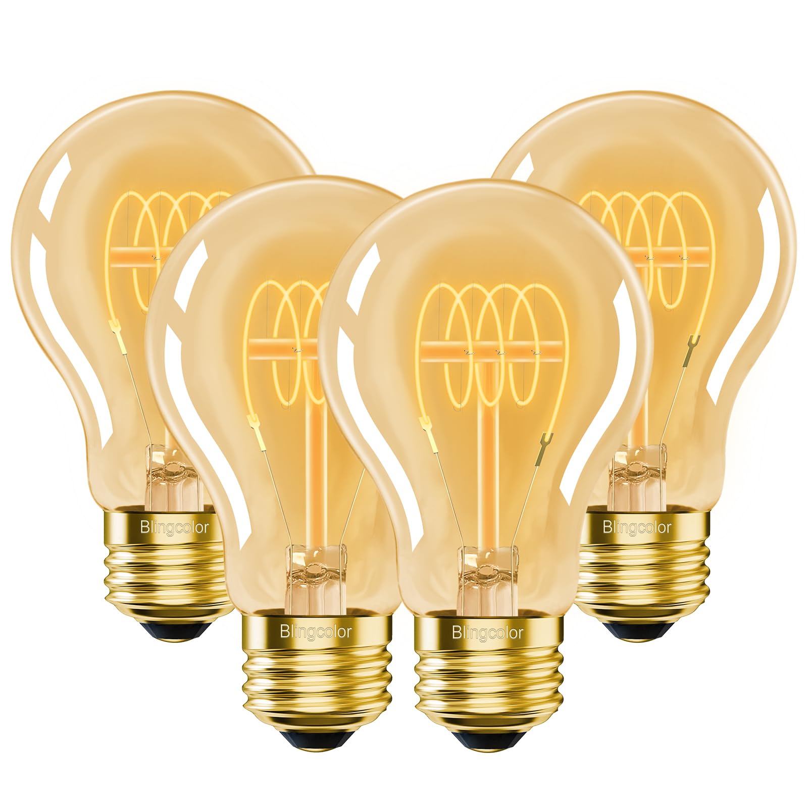 Blingcolor A19 Vintage Led Edison Light Bulbs 40 Watt, 4-Pack Dimmable A19 4W 2200K Amber Warm Light Bulbs, E26 Base, 4W Equal 4