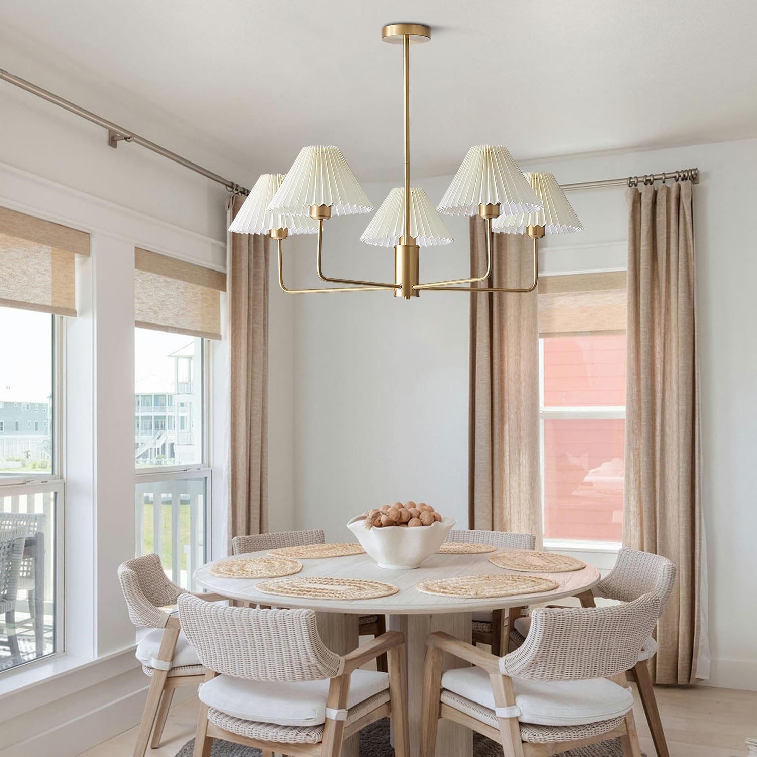 KCO 5-Light Pendant Light - White Fabric, Brushed Gold, Mid Century Modern Chandelier for Dining Room, Model L1157-5