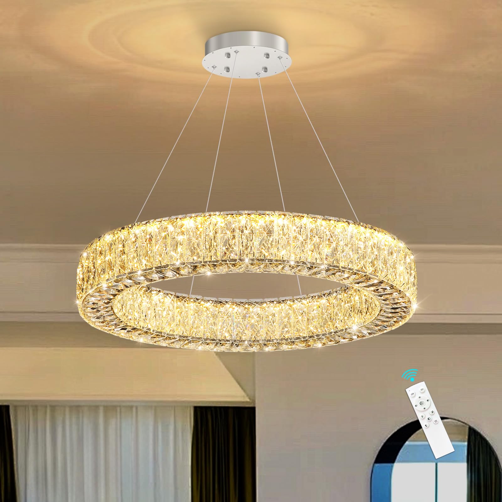 YLKP 24 Inch Chandelier Glam Dimmable Crystal Chandeliers Elegant Remote Ceiling Pendants Lighting Fixtures for Dining Room Bedrooms Chrome