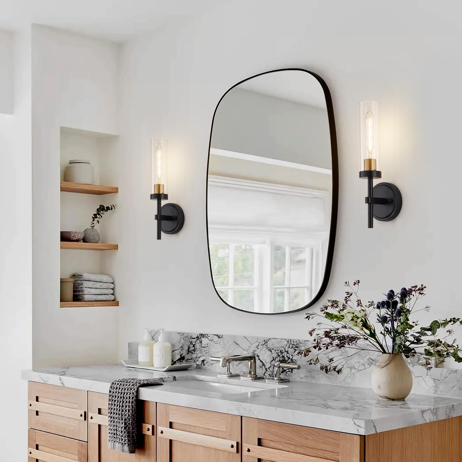 SANTOSTOCK Black and Gold Hardwired Wall Sconces, 2 Pack Clear Glass Modern Lighting for Bathroom, Bedroom, Living Room, Model SSW009B1-2