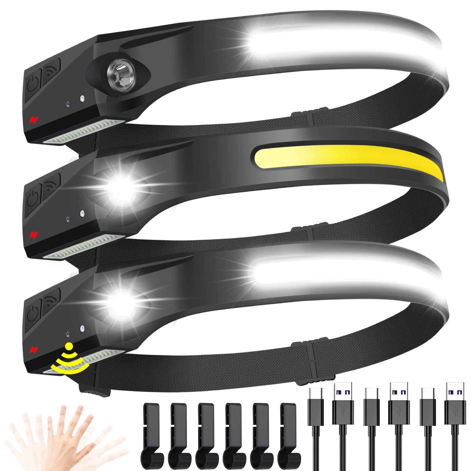 Psdriqq Headlamp Flashlight, 3 Pack Rechargeable Led Headlamps Wide Beam Head Lamp Bright Sensor Headlight Light