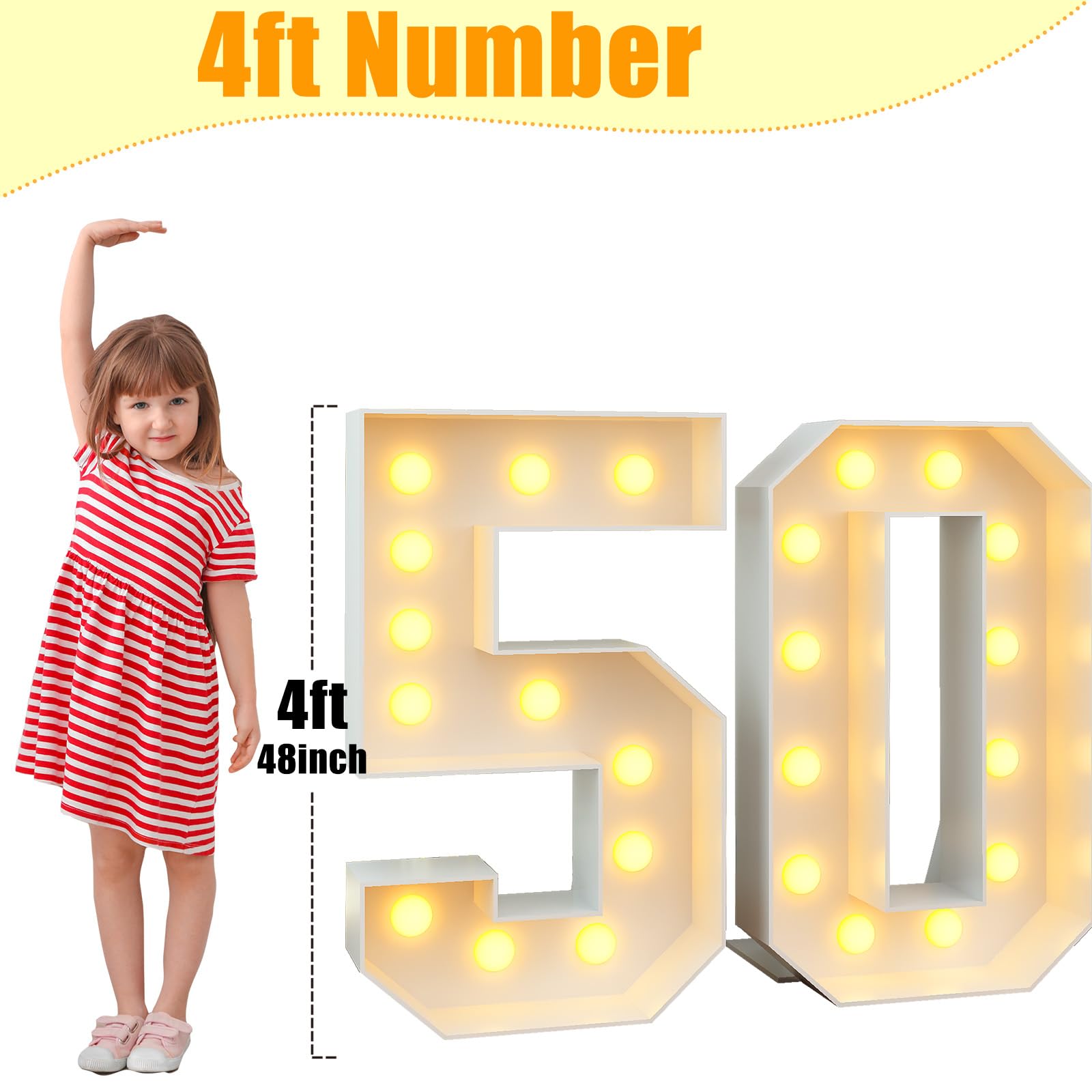Paeyeq 4ft Light Up Number 50 Marquee Sign - White Cardboard with Bulbs for 50th Birthday Party Decorations