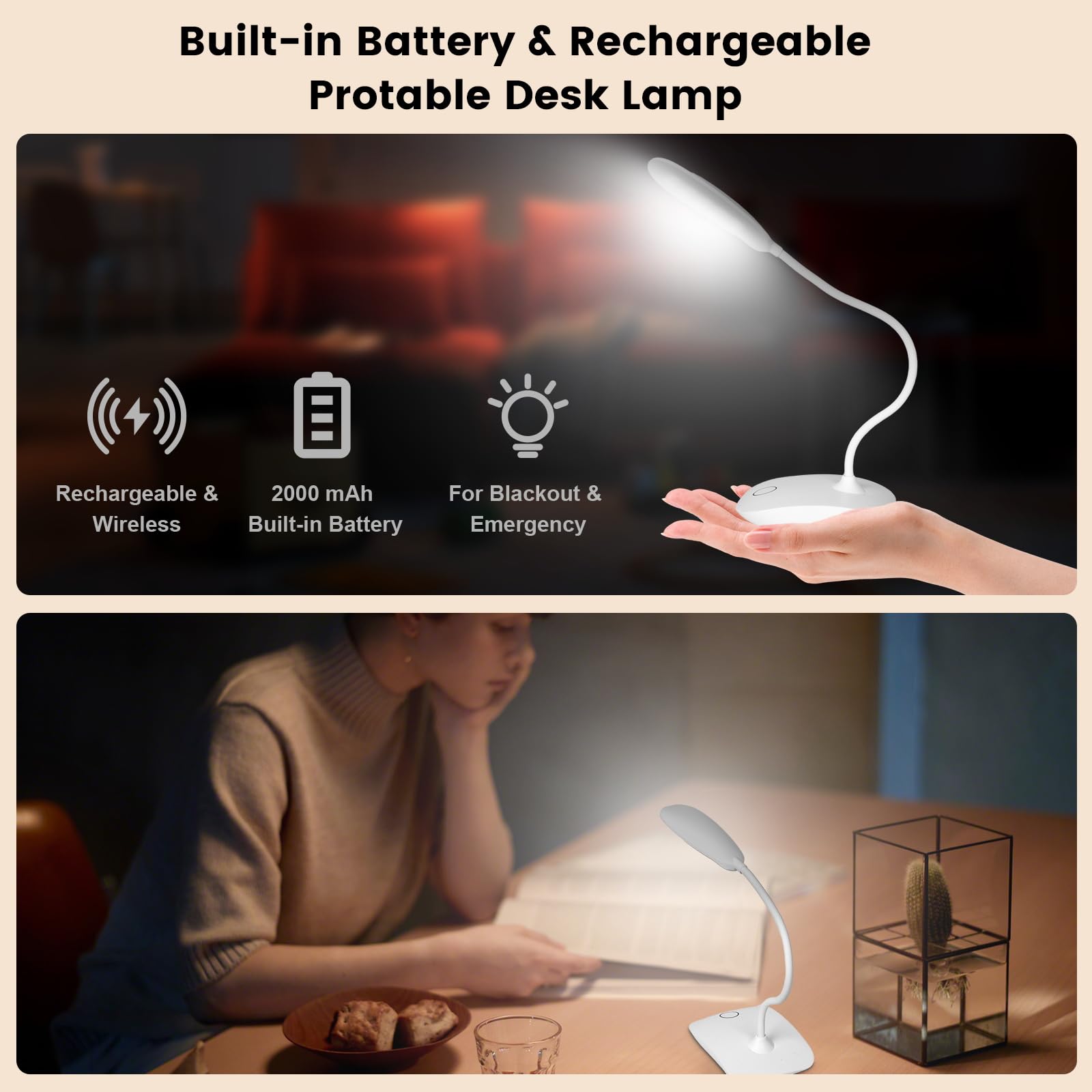 Battery Powered Desk Lamp, Portable Lamps Rechargeable 3 Color Modes Touch Control Stepless Dimming, Wireless Desk Lamp With 200
