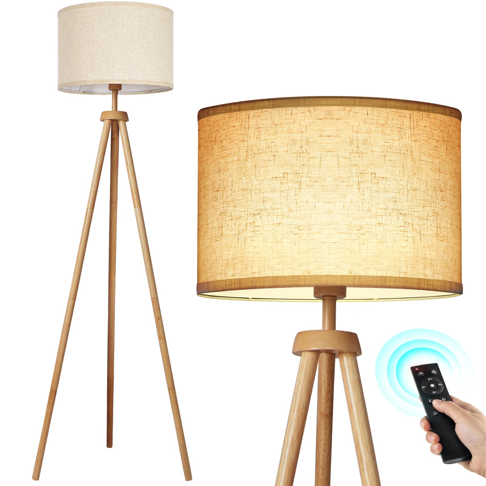 OUTON Tripod Floor Lamp with Remote Control, Dimmable, 4 Color Temperatures, Beige Linen Shade, Nature Wood Finish