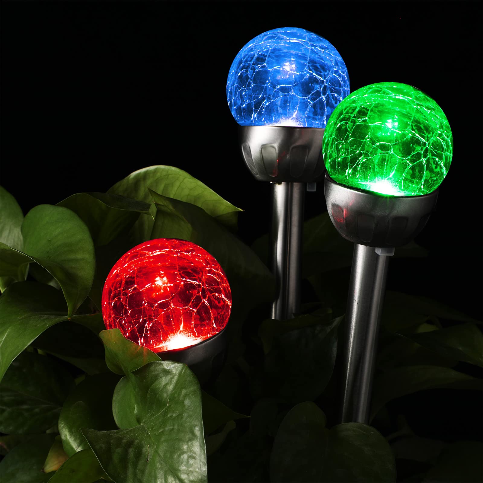 BBTO Solar Garden Lights - 12 Pcs Cracked Glass Ball LED, 7 Color Changing, Decorative Outdoor Pathway Lighting, Multicolor