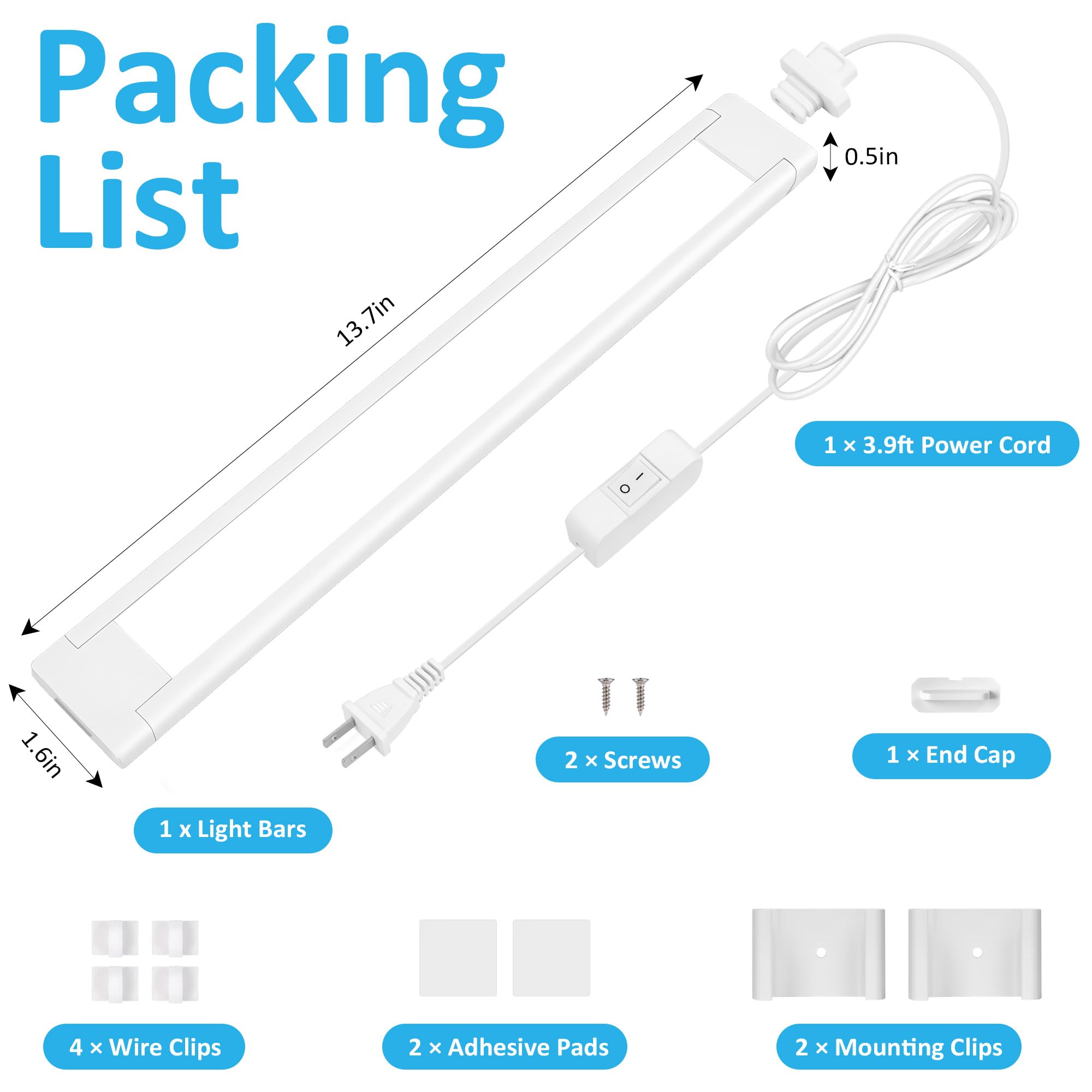 maylit Under Cabinet Lighting Plug in, 14" LED Light Bar, White, Renter Friendly, Ideal for Kitchen, Desk, and Workbench