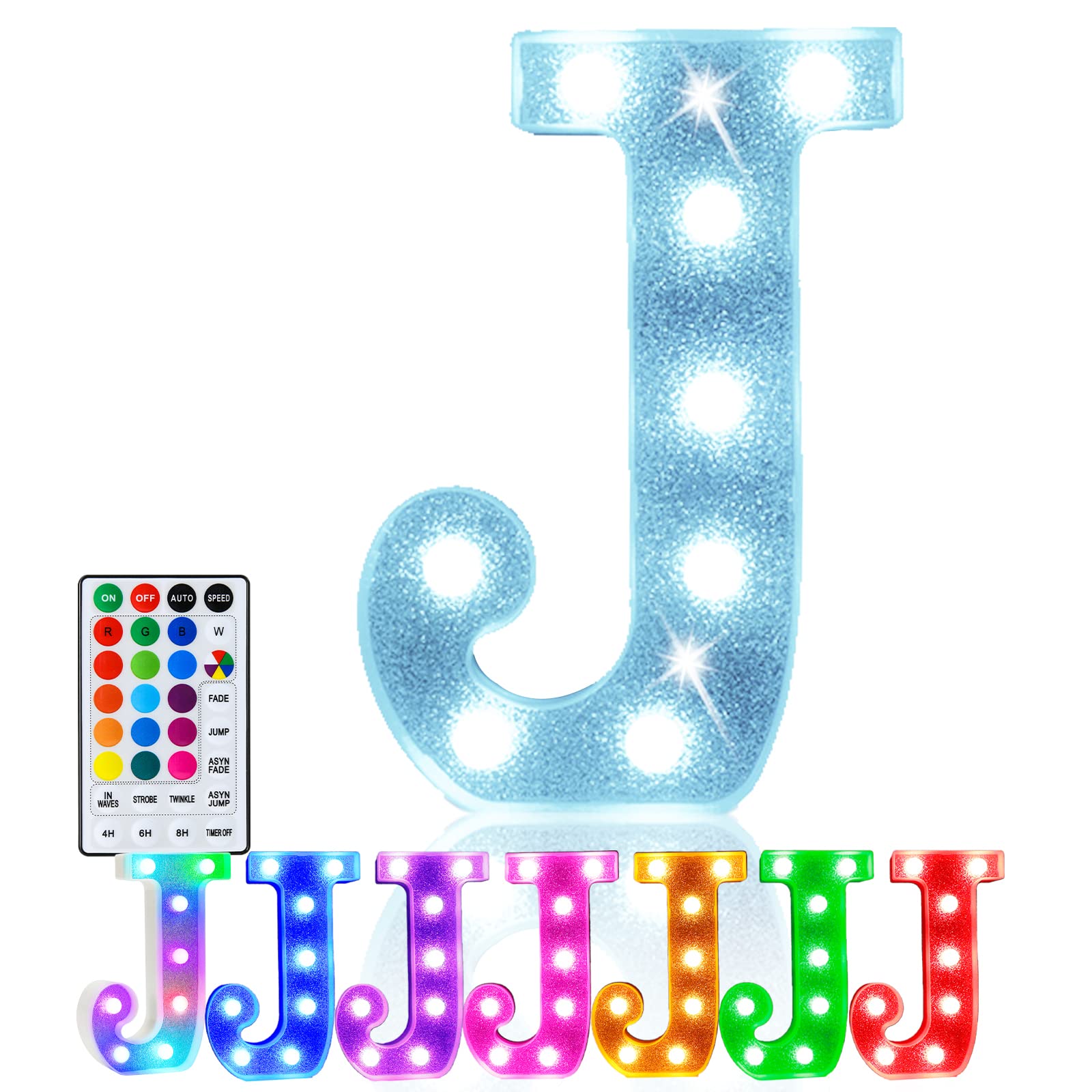 Pooqla LED Marquee Letter Light Sign, Glitter Silver J, 18 Colors, Battery Powered, Plastic for Party, Wedding, Home, Christmas Decor