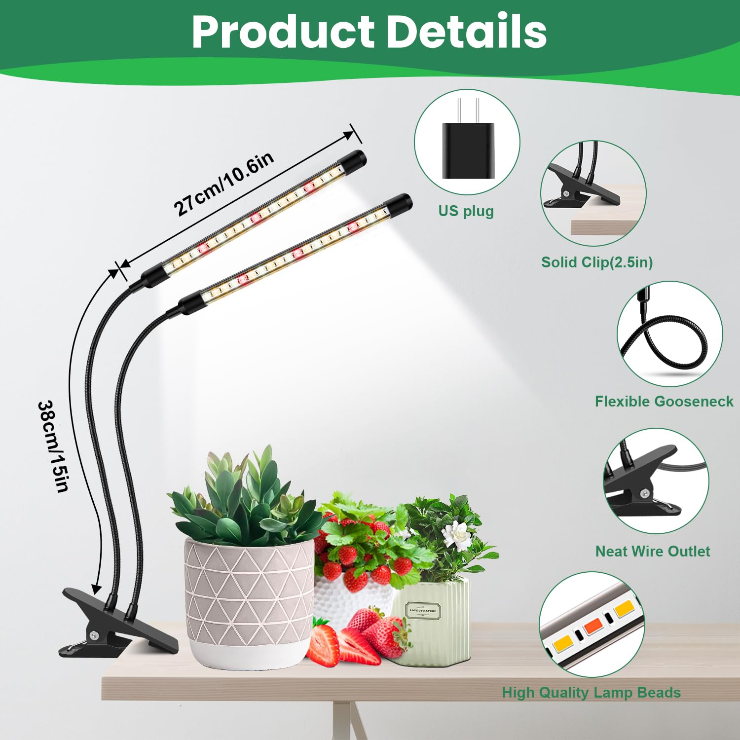 Garpsen LED Grow Lights for Indoor Plants, 2-Head Full Spectrum, 40 LEDs, Clip-On with Timer, 5 Dimmable Levels, Aluminum, Red/White/Warm