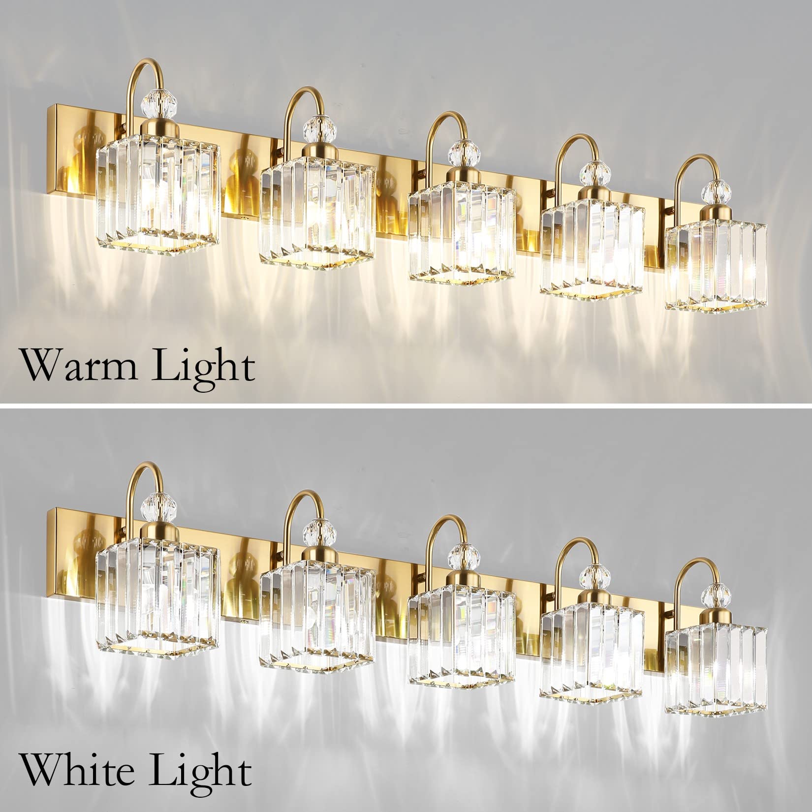 Ralbay Crystal Gold Bathroom Vanity Lights 4-Lights Vanity Lights Over Mirror Modern Crystal Gold Bathroom Wall Lighting Fixture