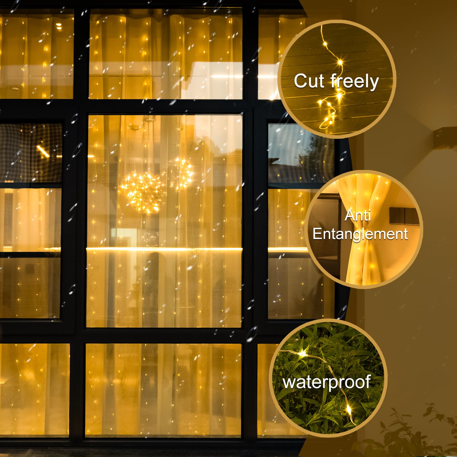 Sinamer Curtain Light With Upgrade Untangled Wires For Bedroom, 300Led 9.8Ft X 9.8Ft Window Fairy Curtain String Light With 16 Hooks, 8 Modes Remote For Wedding Party Home Indoor Decor, Warm White