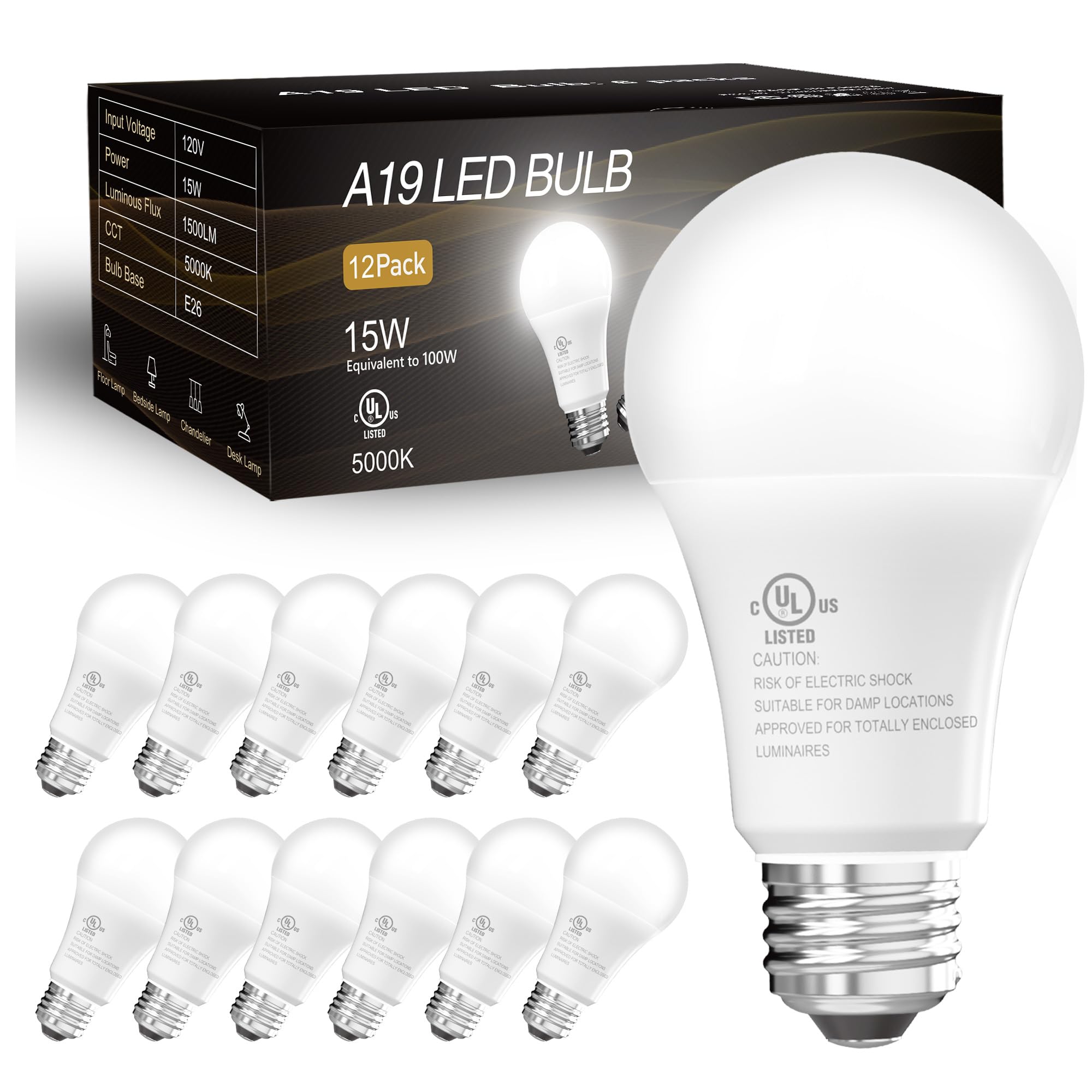 Dalattin 12 Pack Led Bulbs Daylight White 5000K, 100 Watt Equivalent A19 Standard Bulbs, E26 Base, 1500 Lm, Efficient 15W Energy